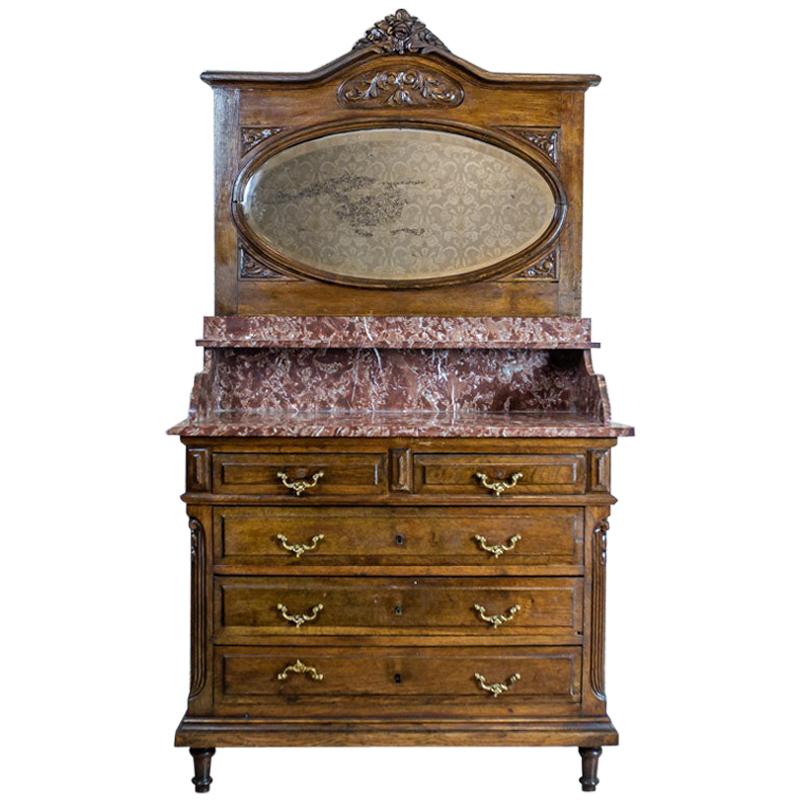 Walnut Vanity Dresser from the Interwar Period with Marble Top For Sale