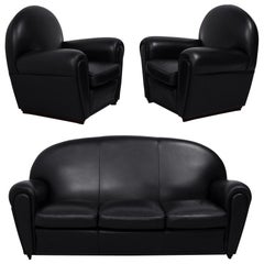 Poltrona Frau, Art Deco style Vanity Fair Black Leather Sofa and armchairs set