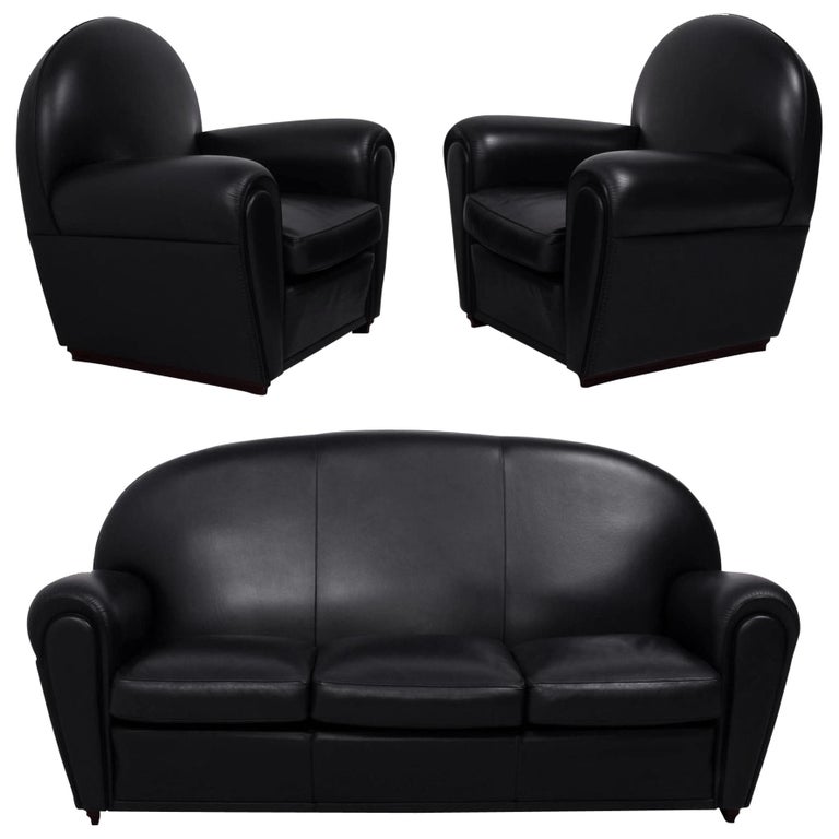 Poltrona Frau, Art Deco style Vanity Fair Black Leather Sofa and armchairs  set For Sale at 1stDibs