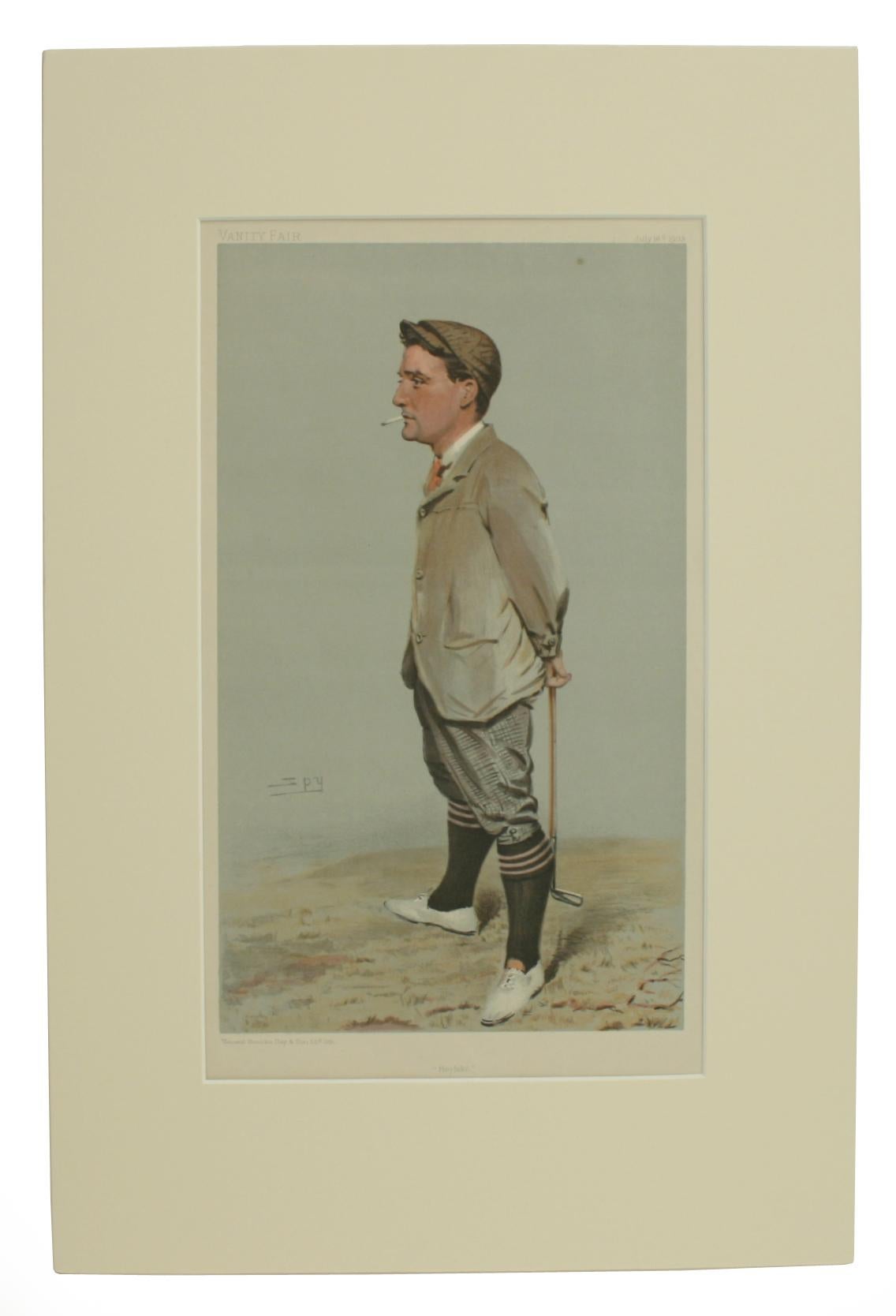 Vanity Fair golf print 'Horace Harold Hilton, Hoylake'.
This is a single golfing Vanity Fair lithographic portrait print 'Horace Harold Hilton, Hoylake'. An original print mounted and in good condition.
In total 13 golfing caricatures were