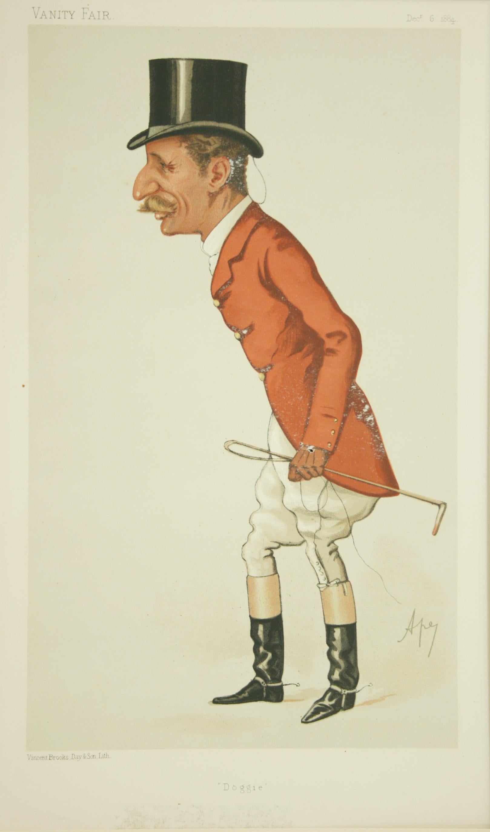 Vanity Fair Fox Hunting print 'Doggie' after Ape.
A chromolithograph print published December 6th, 1884, by Vincent Brooks, Day & Son Ltd. Lith., for Vanity Fair. The picture is titled 'Doggie' and is an original print of Capt. Arthur Smith by Ape,