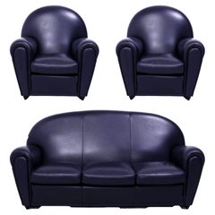 Vanity Fair Poltrona Frau Sofa and Set of Armchairs in Dark Blue Leather
