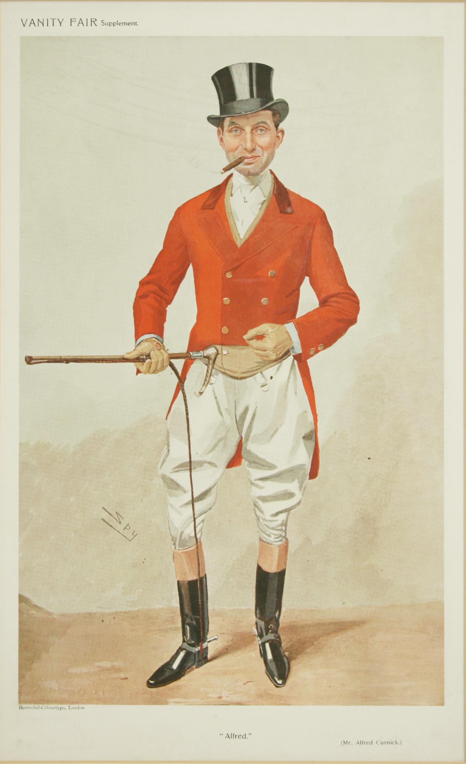 Vanity Fair fox hunting print 'Alfred' after Spy.
A mounted chromolithograph print published 30th June, 1909, by Hentschel-Colourtype, London, for Vanity Fair. The picture is titled 'Alfred' and is an original print of Mr. Alfred Curnick by Spy.