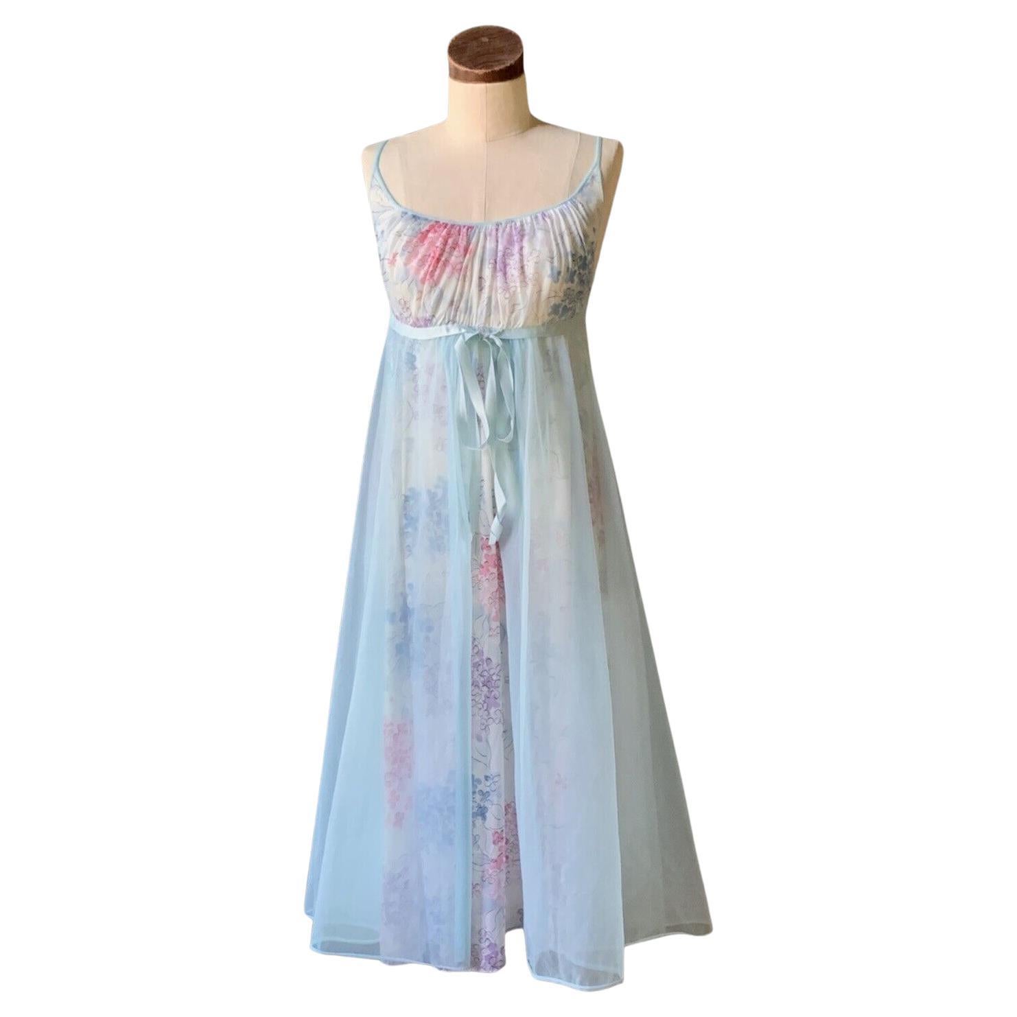 VANITY FAIR Vintage 50s Lingerie Nightgown Floral Nylon Tricot Chiffon 32 RARE For Sale