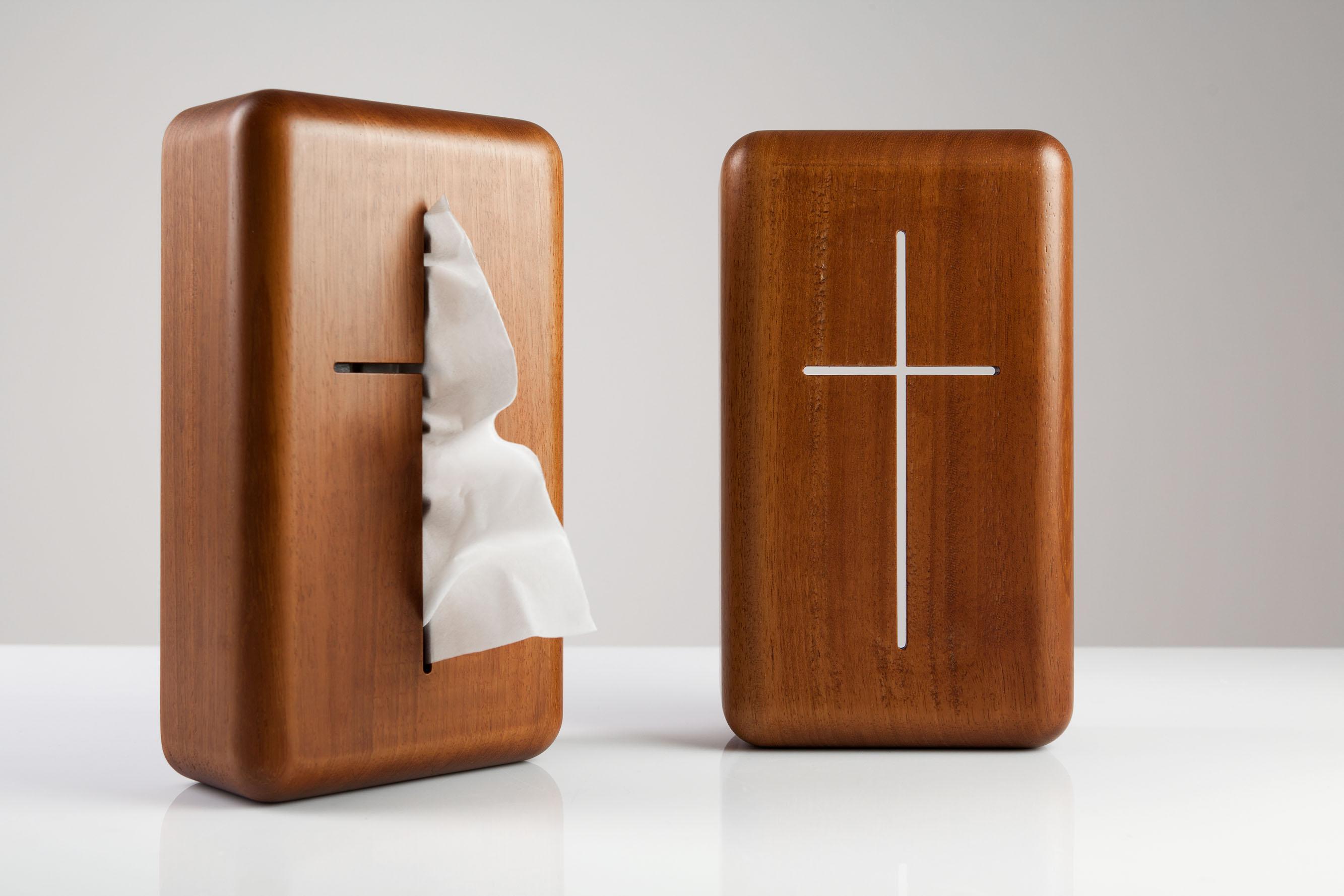 Post-Modern 'Vanity Faith', an unorthodox tissue box in iroko wood  For Sale
