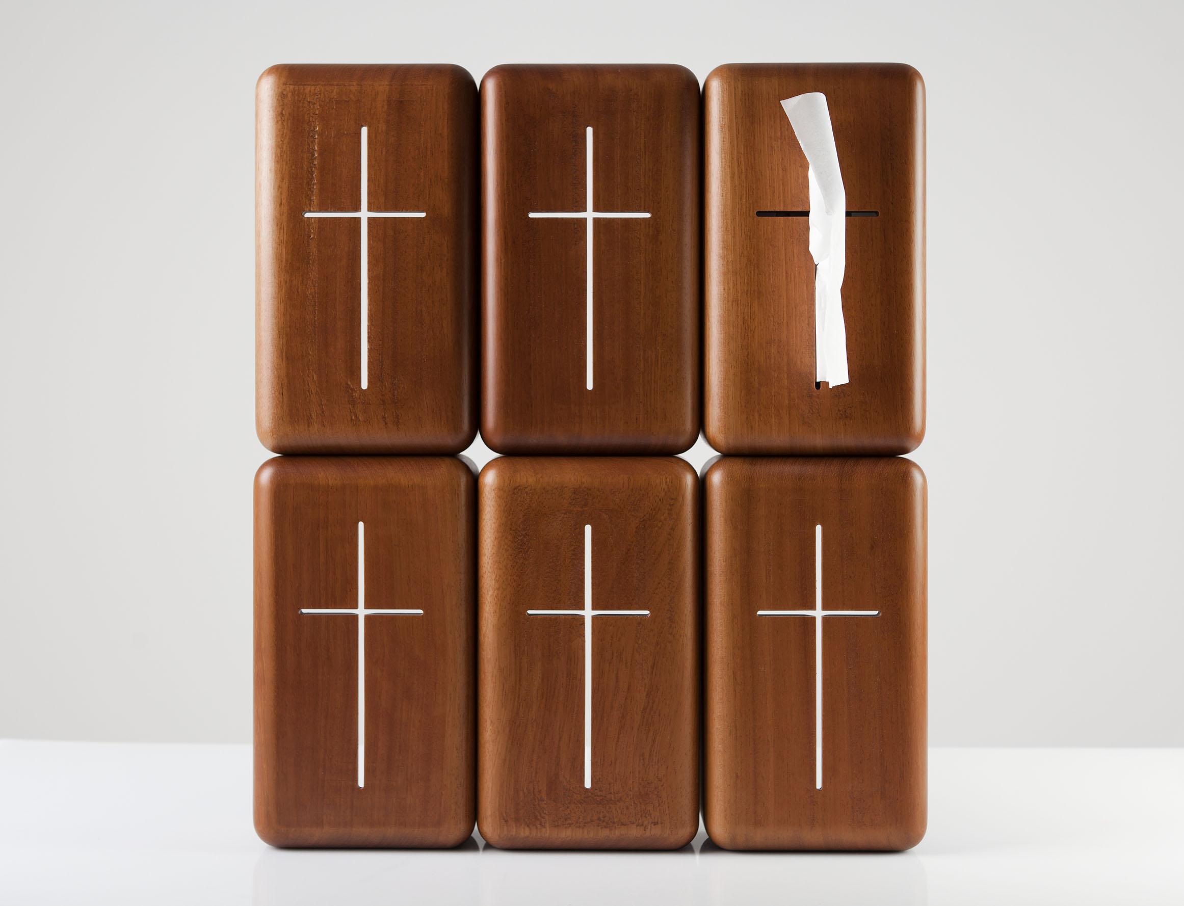 Contemporary 'Vanity Faith', an unorthodox tissue box in iroko wood  For Sale