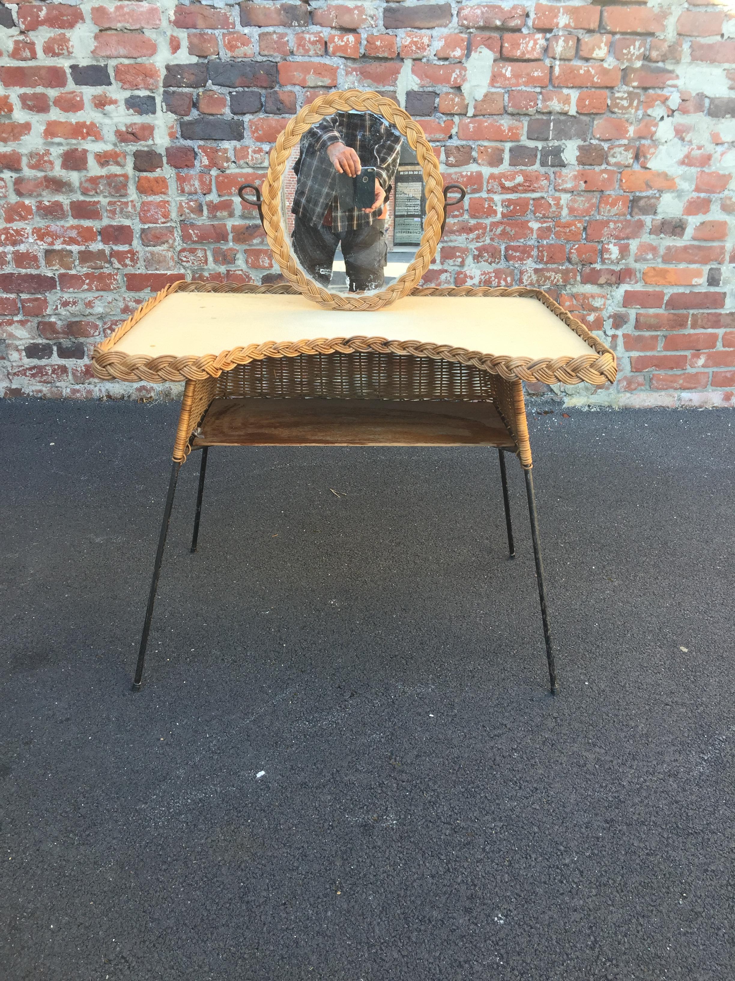 Mid-20th Century Vanity in Lacquered Metal and Rattan, circa 1960