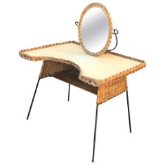 Vintage Vanity in Lacquered Metal and Rattan, circa 1960
