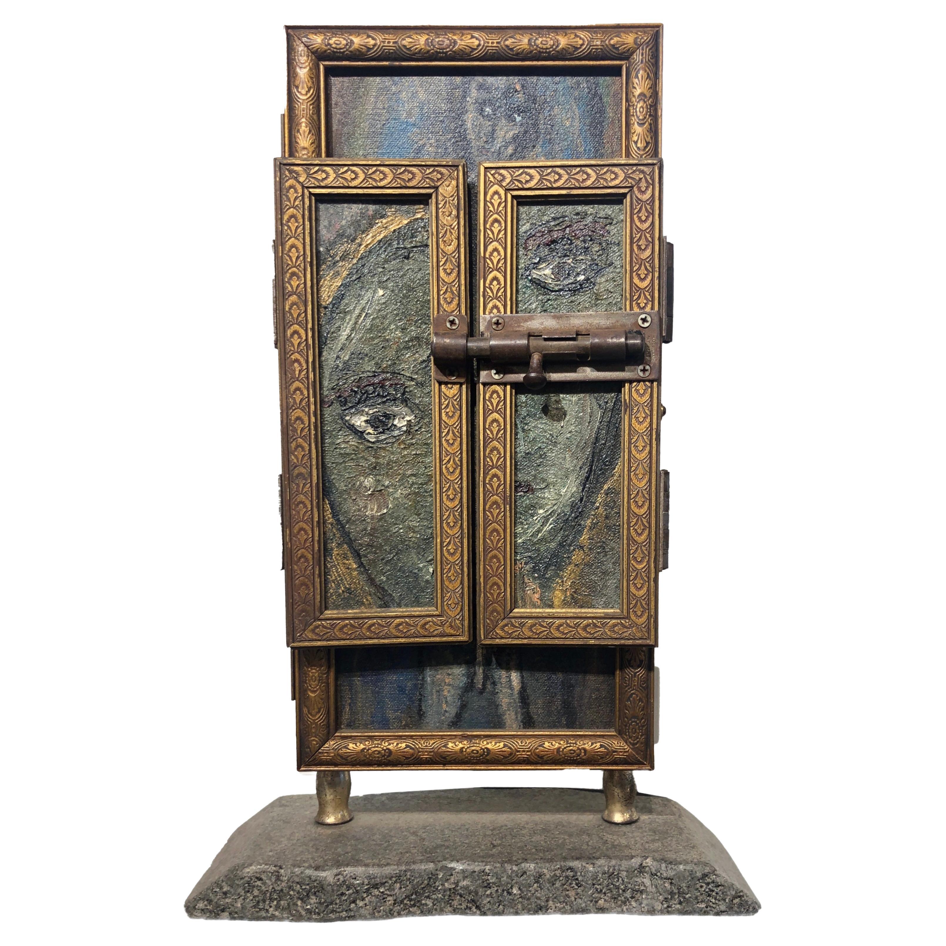 Self-taught artist John Seubert, AKA John Dolly, uses objects he uncovers as he rehabs older homes in Chicago. This piece has multiple paintings and collages. Each side and opened door is a different treasure to discover. The front is an antique
