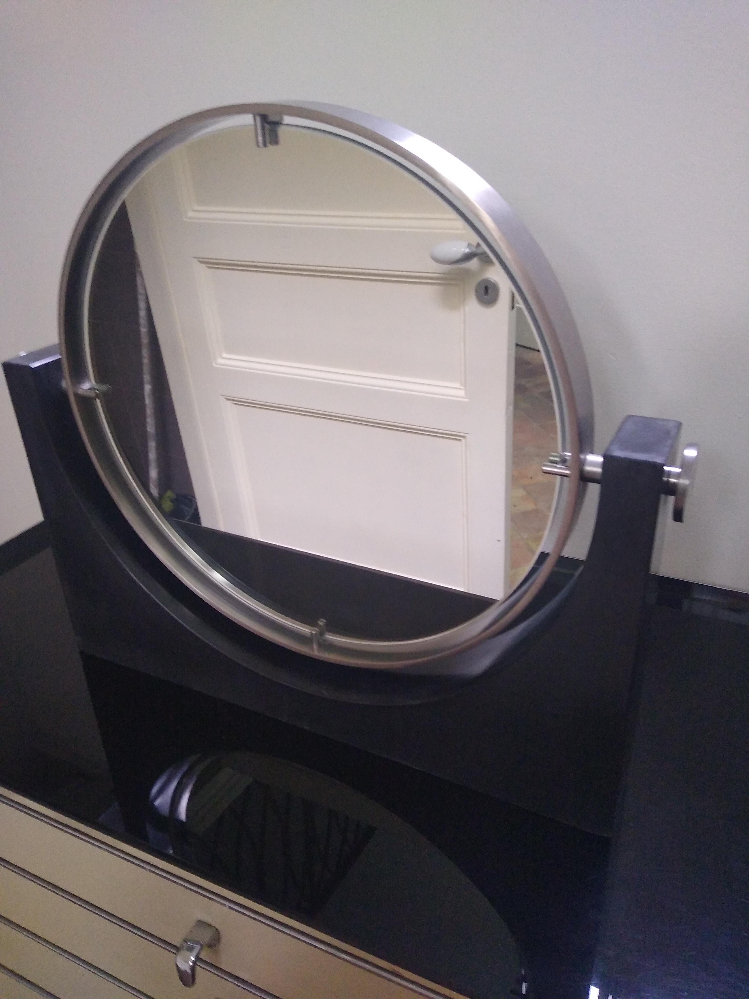 Double round vanity mirror with stainless steel frame mounted on a marble base 

Designed by Angelo Mangiarotti 

In good vintage condition It has just some light chips on the base of the marble, please see pictures 