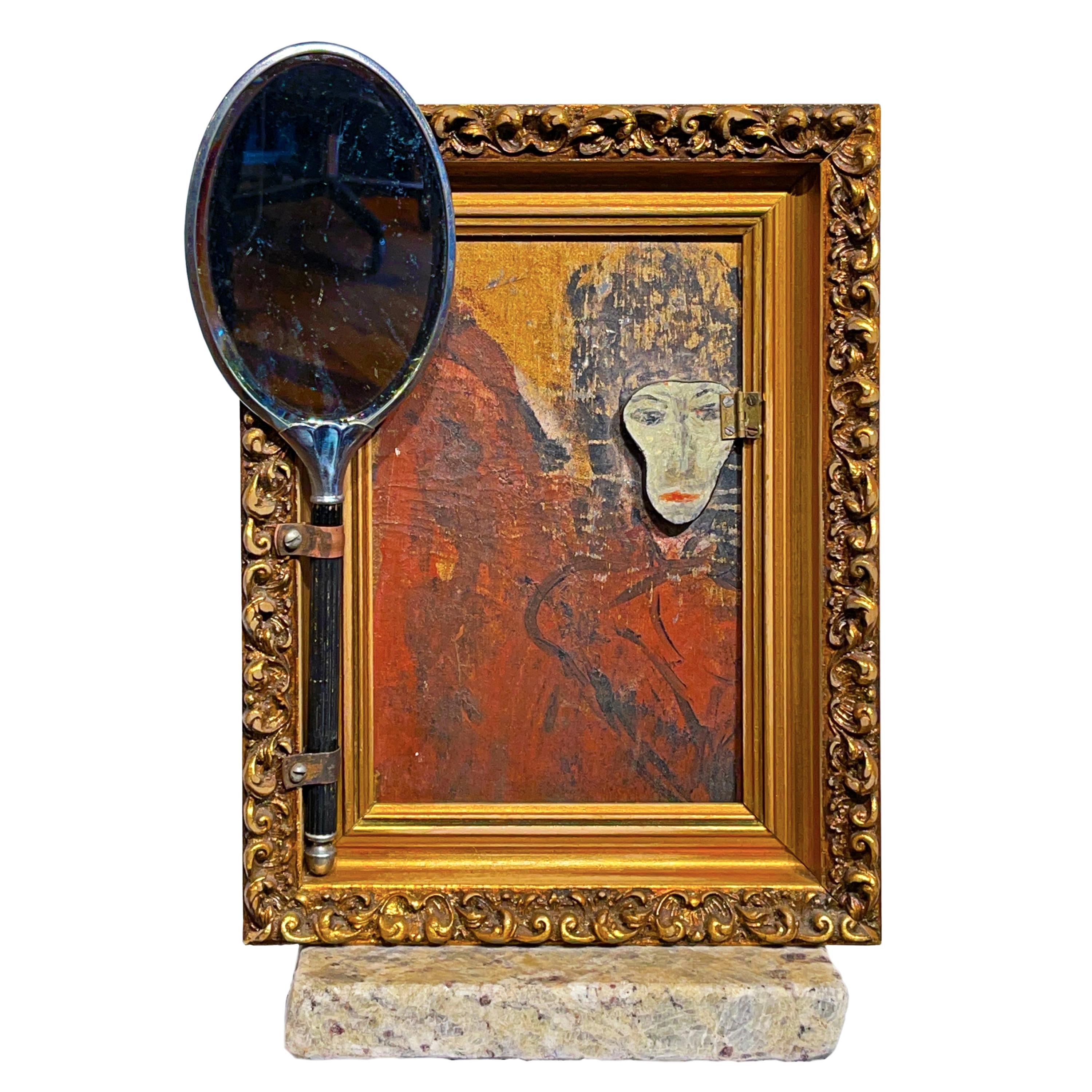 Vanity Mirror, "The Mask I Wear", Sculptural Mirror Object with Painting