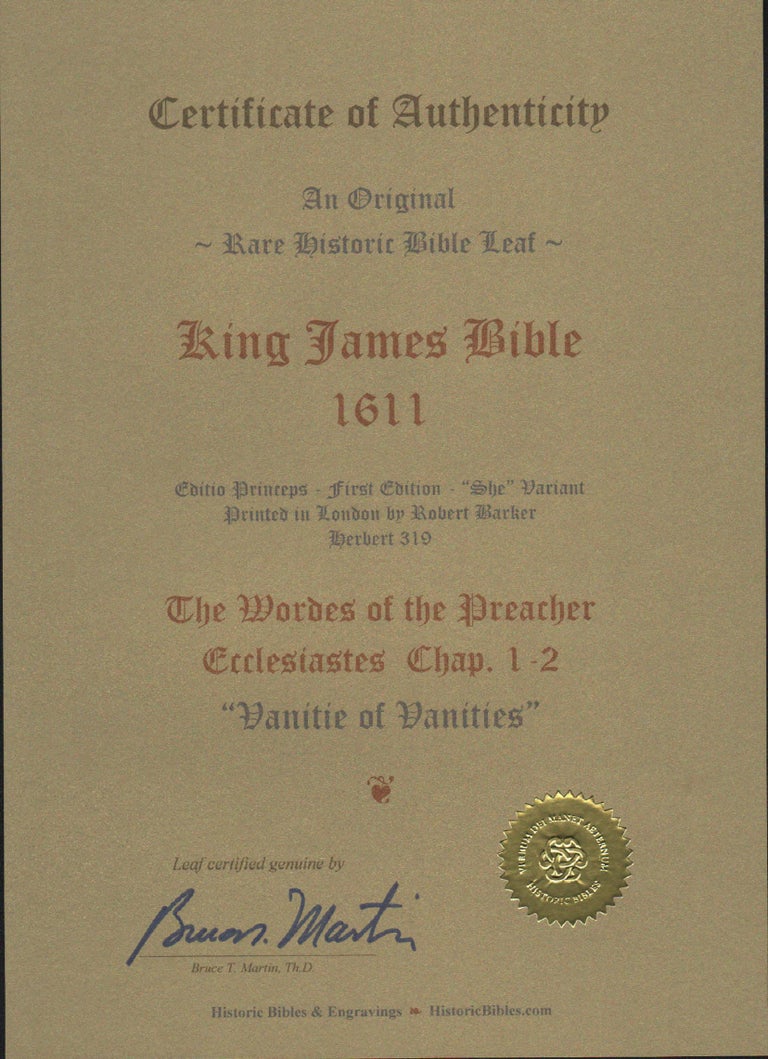 "Vanity of Vanities", 1611 King James Bible, Ecclesiastes 1 For Sale at