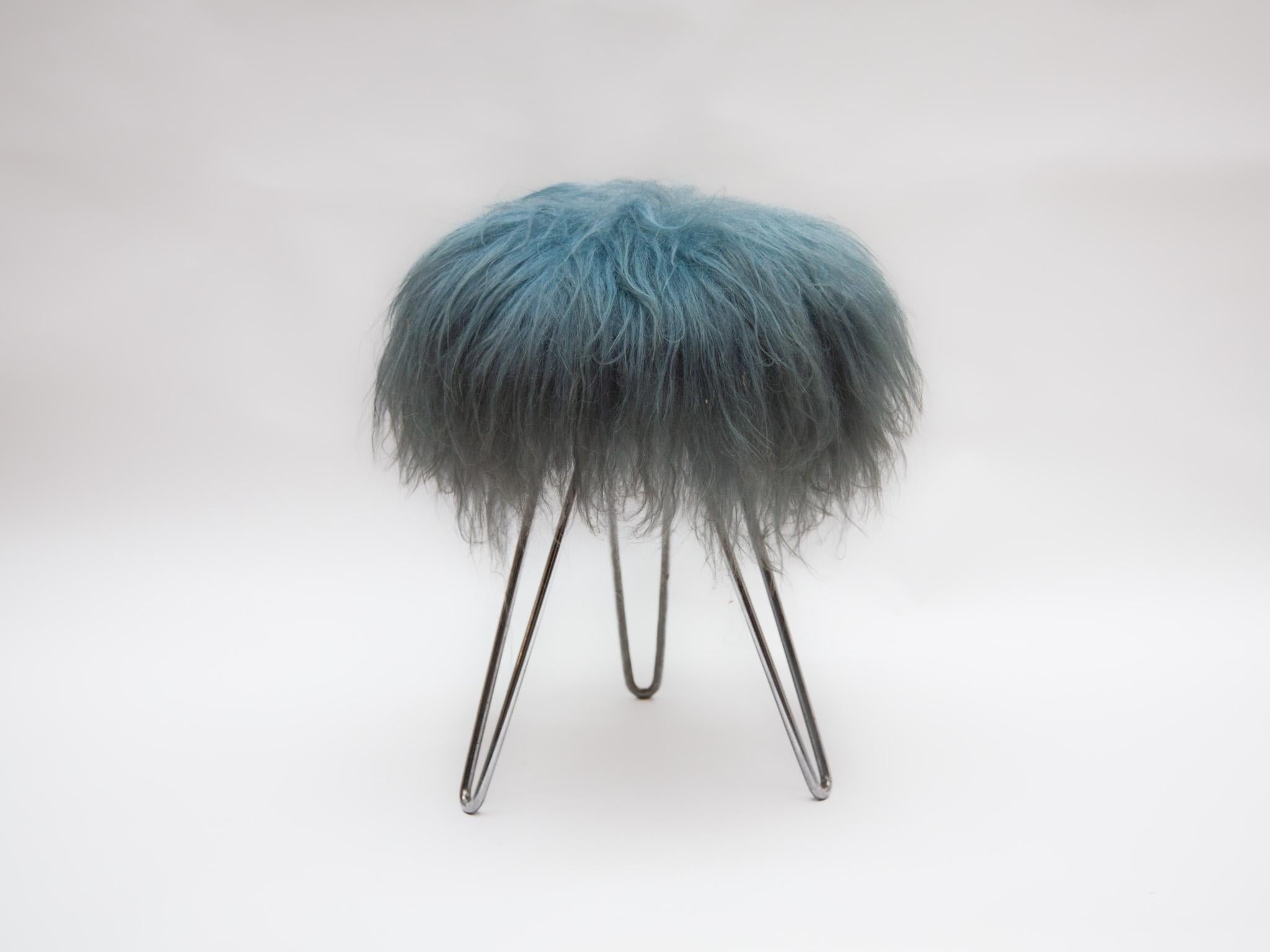 Mid-Century Modern Vanity Stool with Blue Sheepskin Top and Hairpin Legs, 1950s For Sale