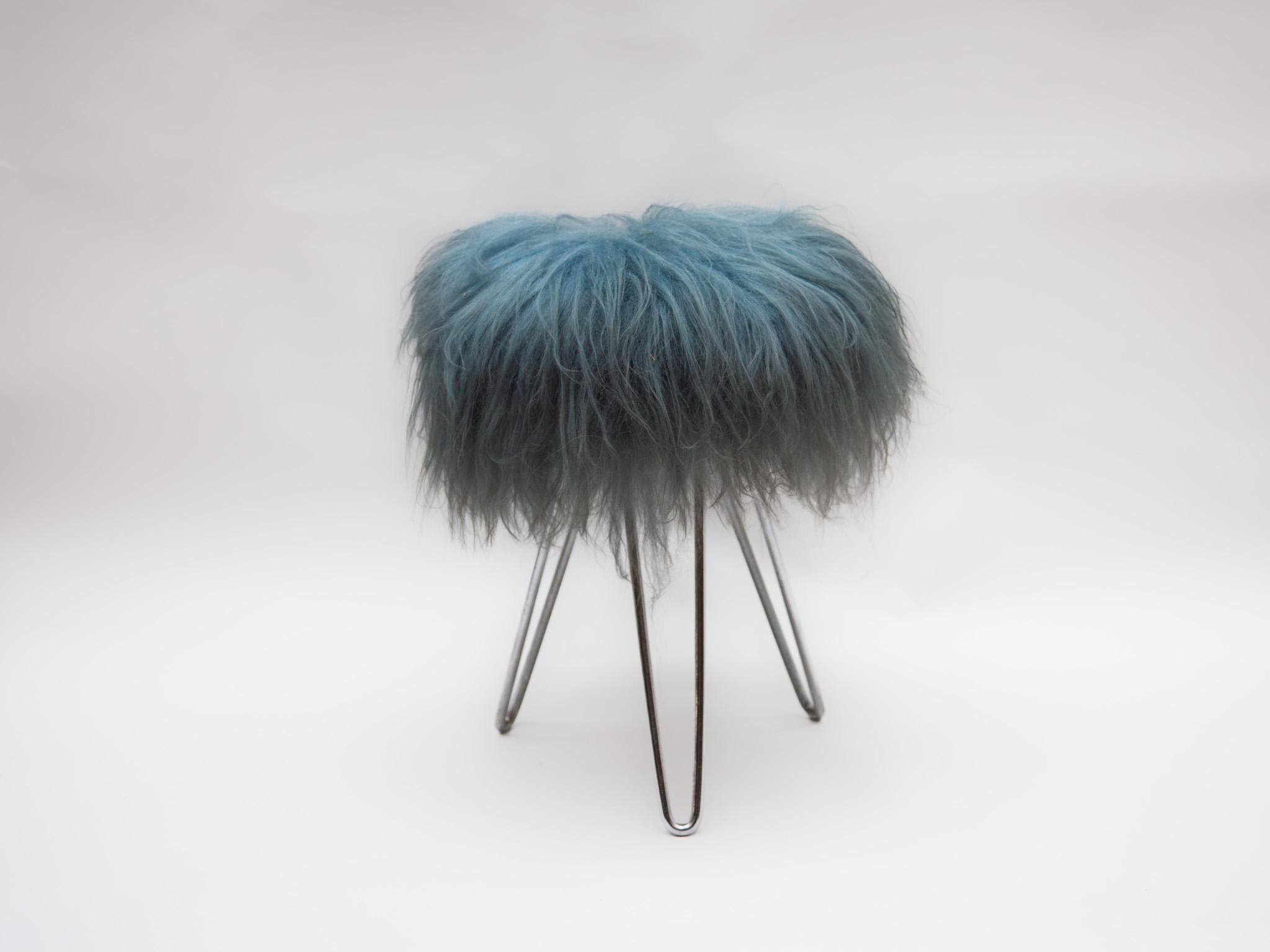 French Vanity Stool with Blue Sheepskin Top and Hairpin Legs, 1950s For Sale