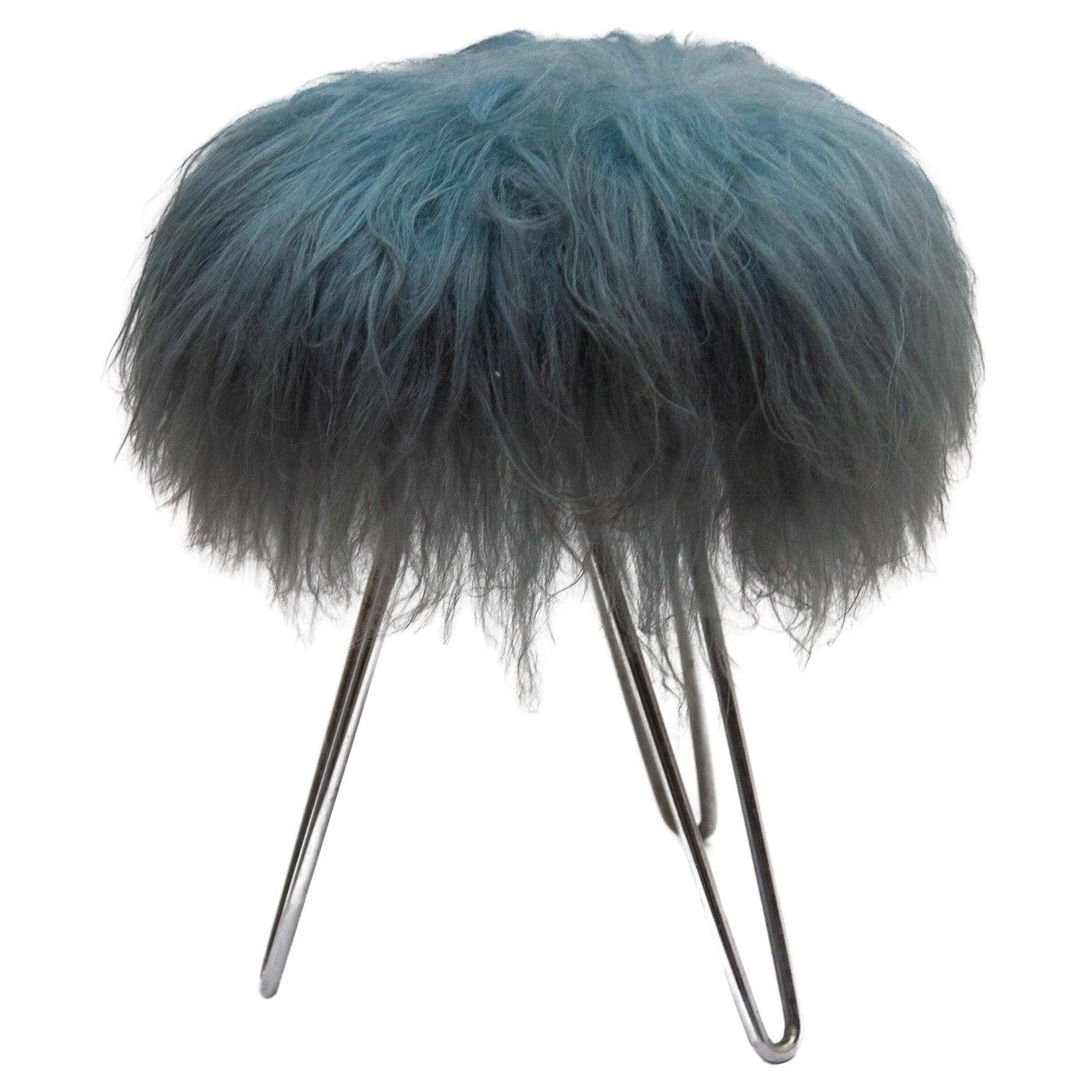 Vanity Stool with Blue Sheepskin Top and Hairpin Legs, 1950s