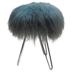 Vanity Stool with Blue Sheepskin Top and Hairpin Legs, 1950s