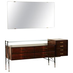 Vintage Vanity Table Veneered Wood Mirror Brass Chromed Metal, Italy, 1960s