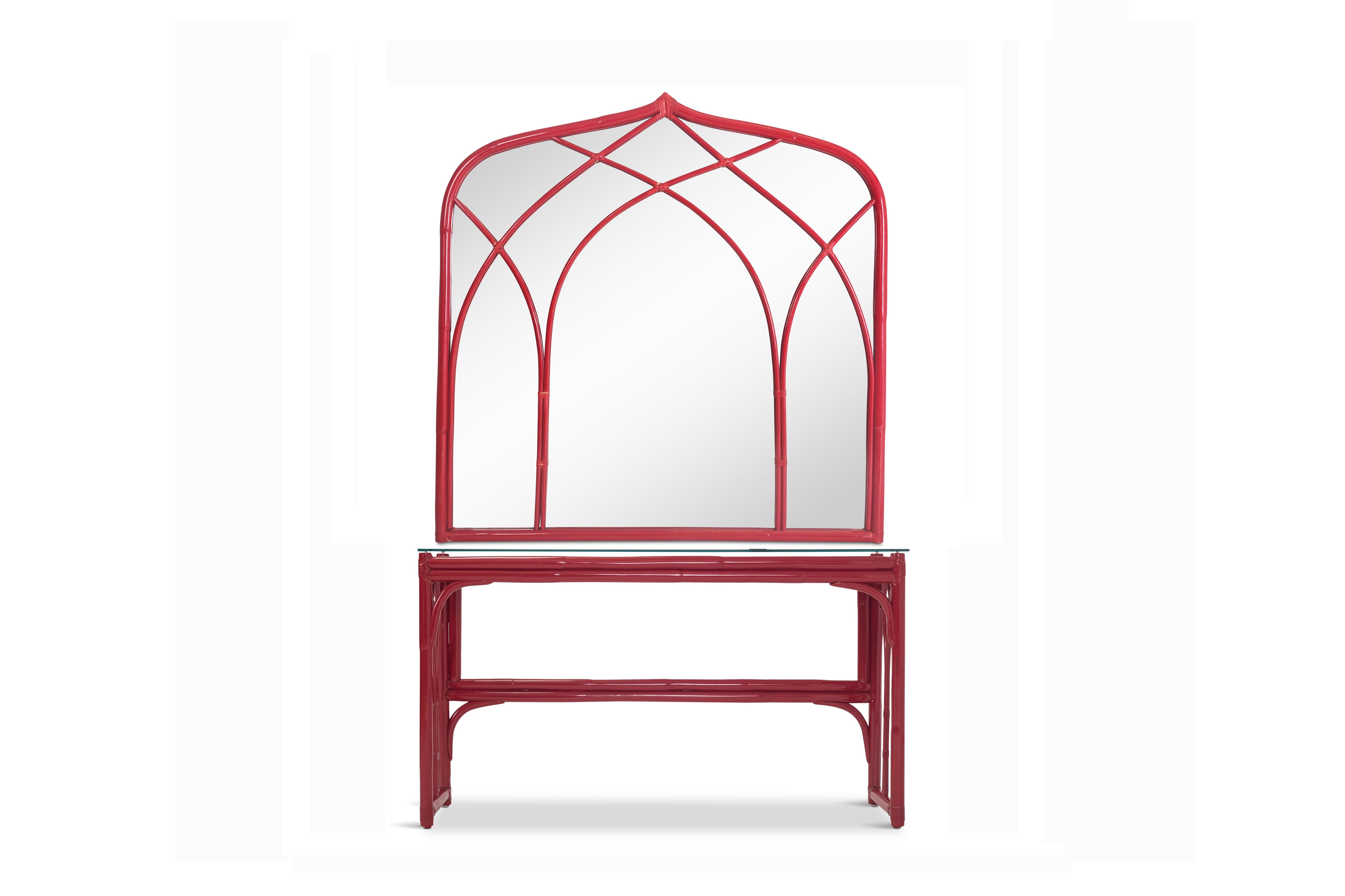 Regency red bamboo vanity table with rectangular glass top and large matching mirror. 
Both table and mirror show lot of decorative elements, making these items a true eye-catcher.

Red lacquer

Measures: Table: Depth 40 cm, width 131 cm,