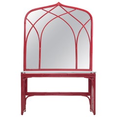 Vanity Table with Large Mirror in Red Lacquered Bamboo