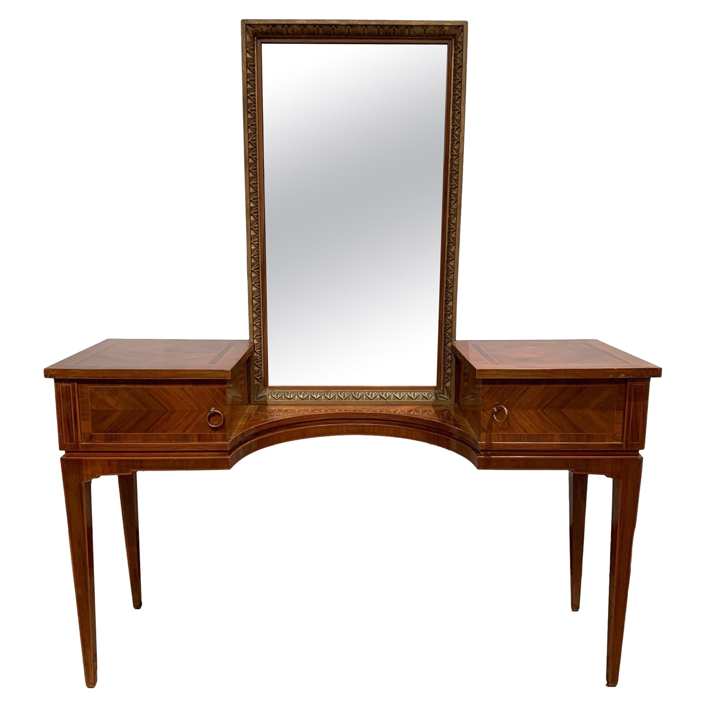 Vintage French Satinwood Vanity Table with Inlaid Wood and Gold Accents