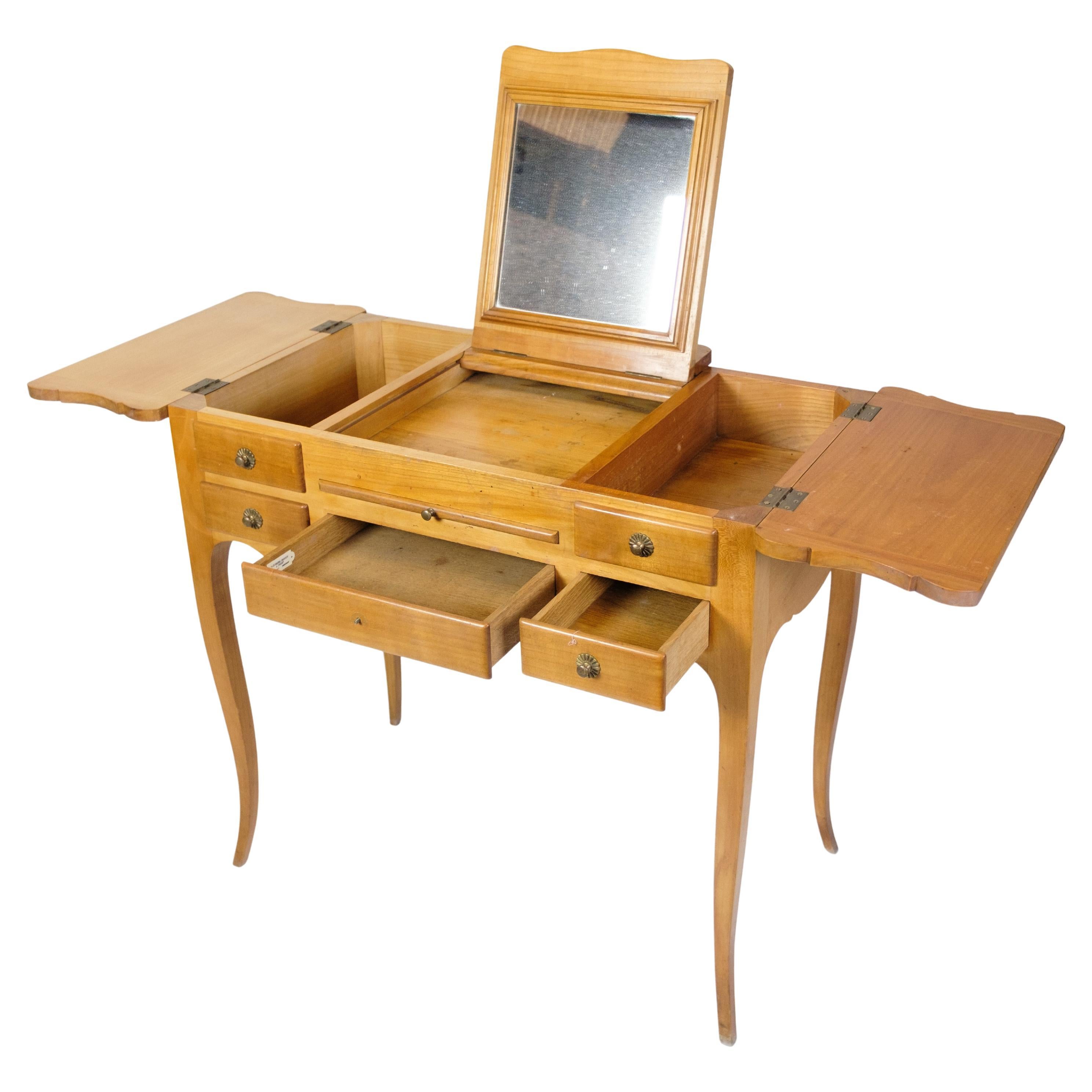 Coiffeuse avec tiroirs éclairés et miroir en acajou clair des années 1920