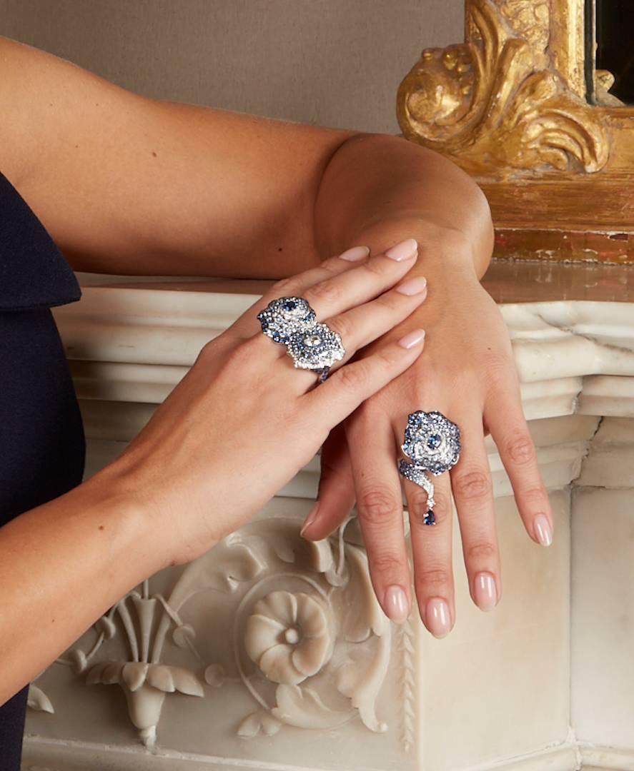 Women's 18 Karat White Gold Diamond Blue Sapphire Cocktail Ring