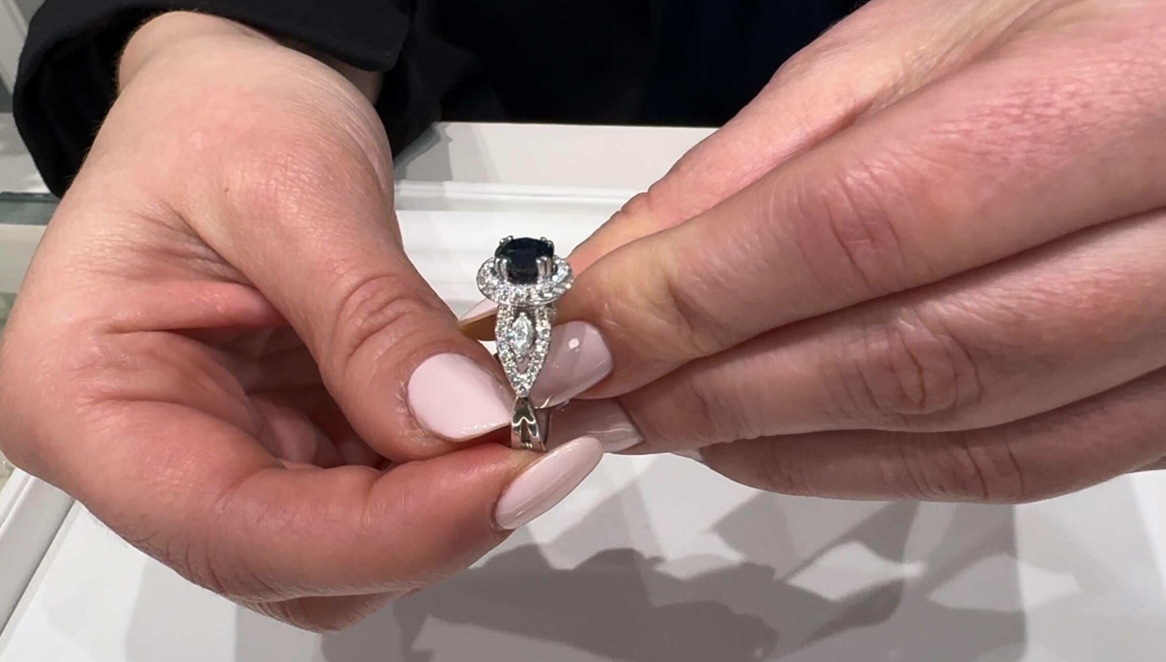 Round Cut Vanna K 18K White Gold Halo Ring with Round Sapphire and Marquise Diamonds For Sale