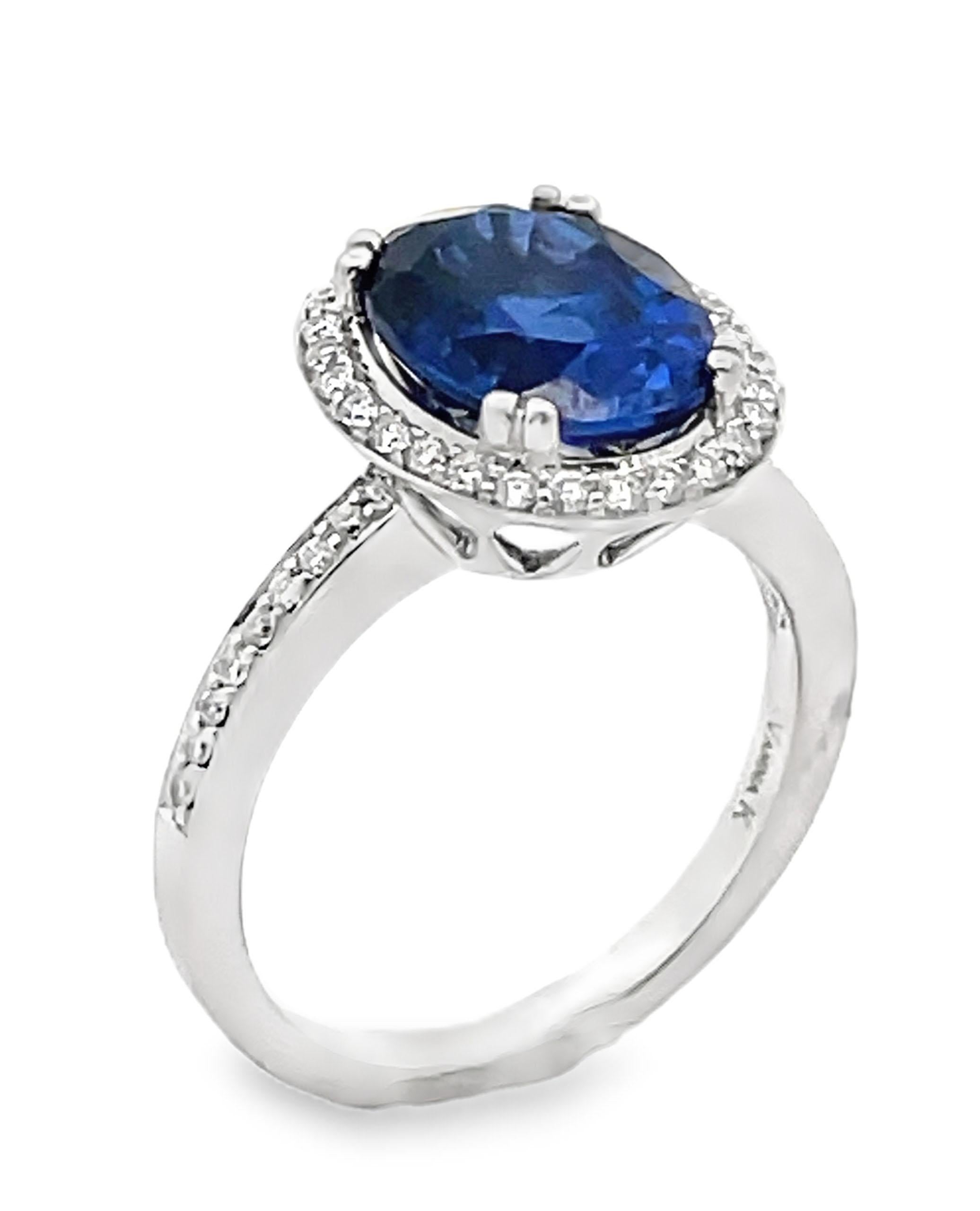18K white gold Vanna K halo ring furnished with round brilliant-cut diamonds weighing 0.25 carats total. In the center, one oval shaped lab-created sapphire totaling 3.68 carats.

- Finger Size 5.75, can be sized up or down by up to two sizes
-