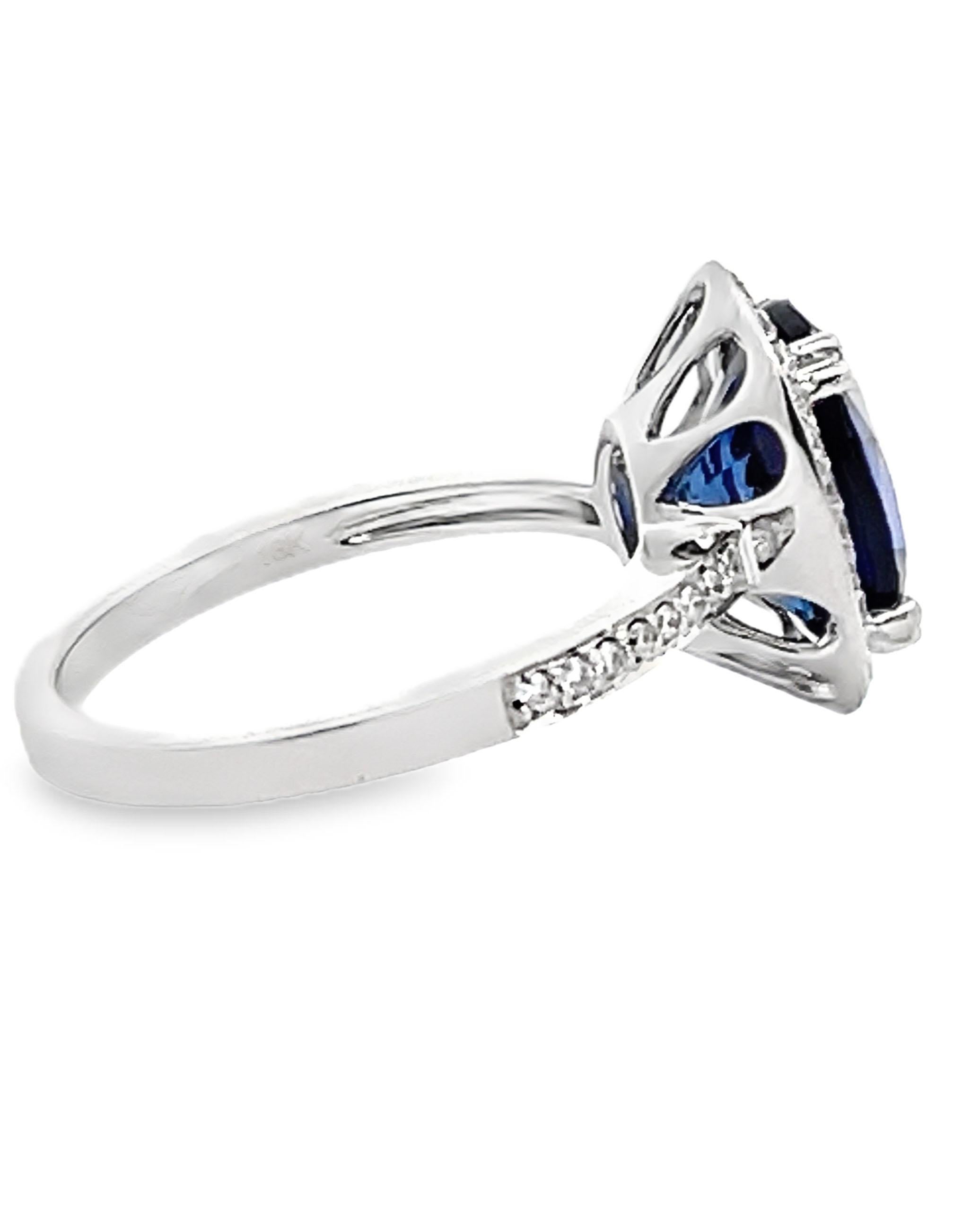 Contemporary 18K White Gold Halo Round Diamond Ring with Lab Grown Oval Sapphire 3.68 Carats For Sale