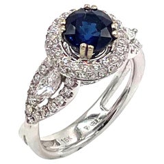 Vanna K 18K White Gold Halo Ring with 2.00 Ct Round Sapphire & Marquise Diamonds