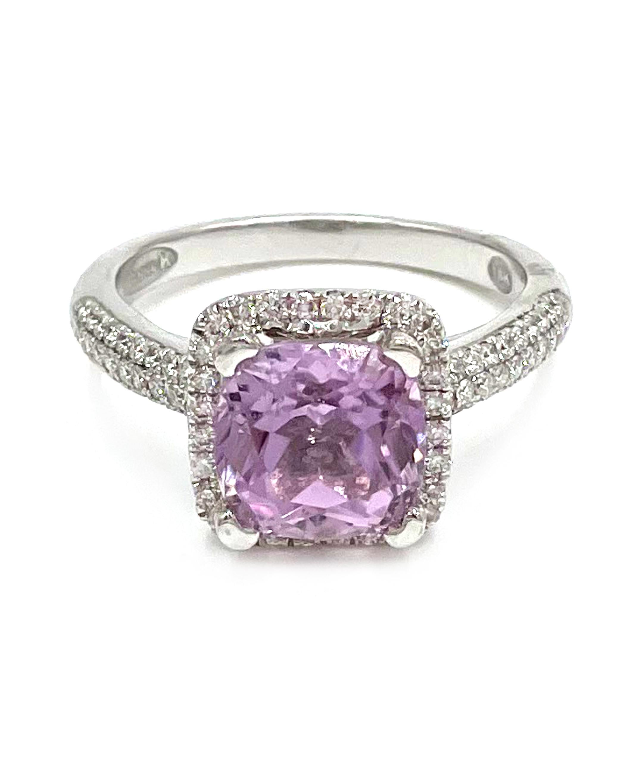 Vanna K 18K white gold engagement ring with 106 micro pave set round diamonds totaling 0.54 carats (G/H color, VS2/SI1 clarity). Center one cushion shape kunzite measuring 8.33X8.36mm.

* Size 6.5