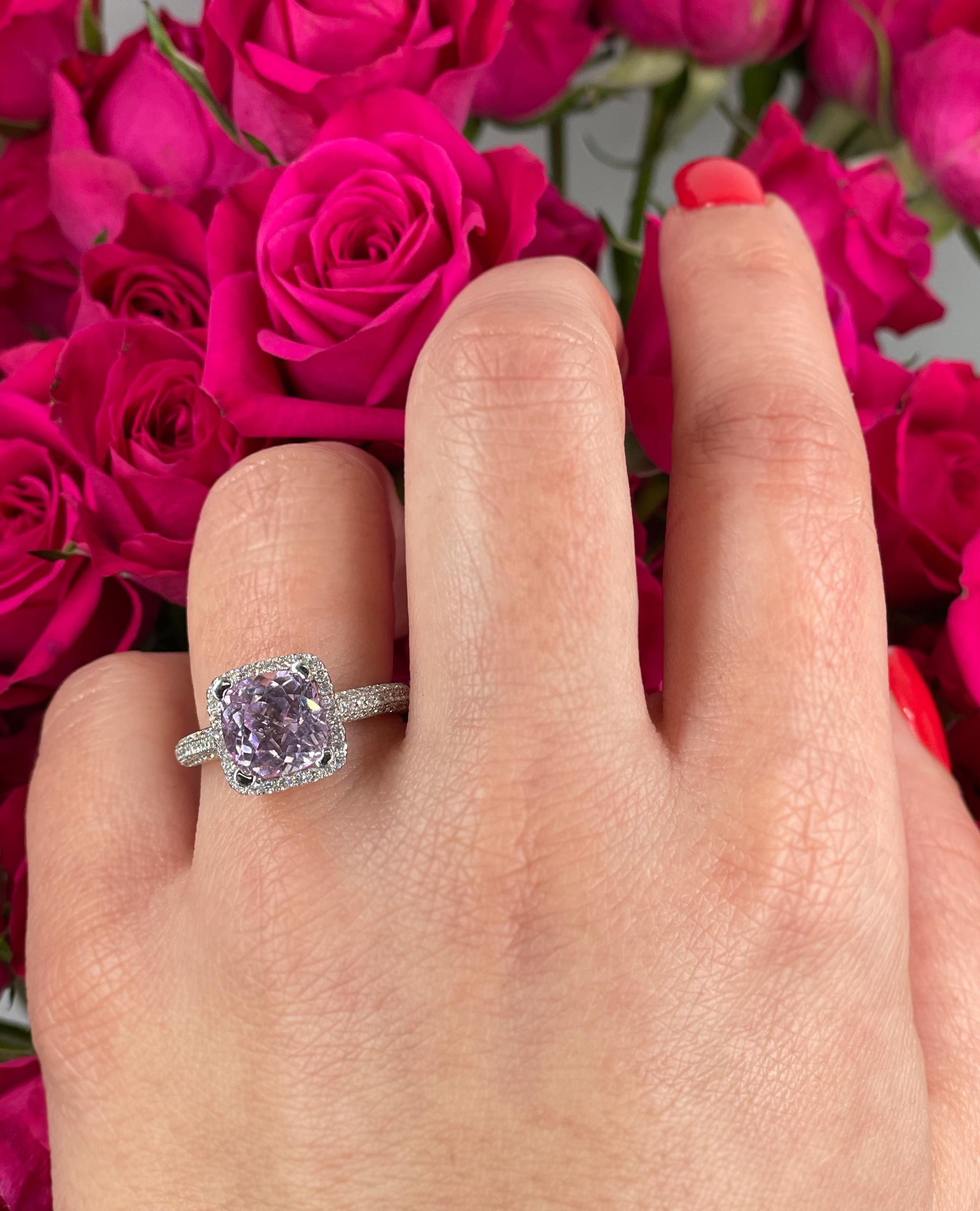 Vanna K 18K White Gold Ring with Diamonds & Cushion Shape Pink/Lavender Kunzite In New Condition For Sale In Old Tappan, NJ