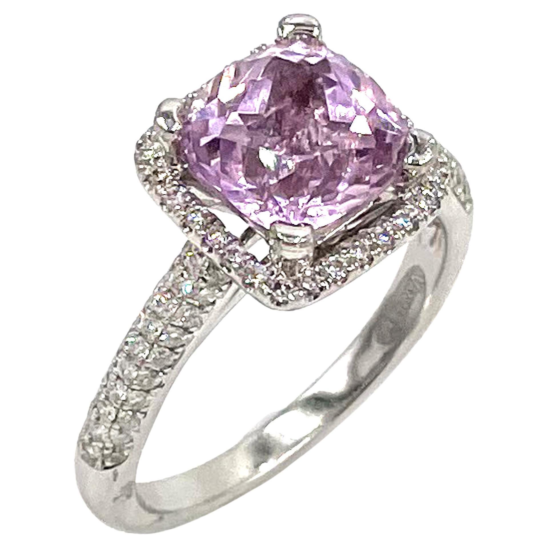 Vanna K 18K White Gold Ring with Diamonds & Cushion Shape Pink/Lavender Kunzite For Sale