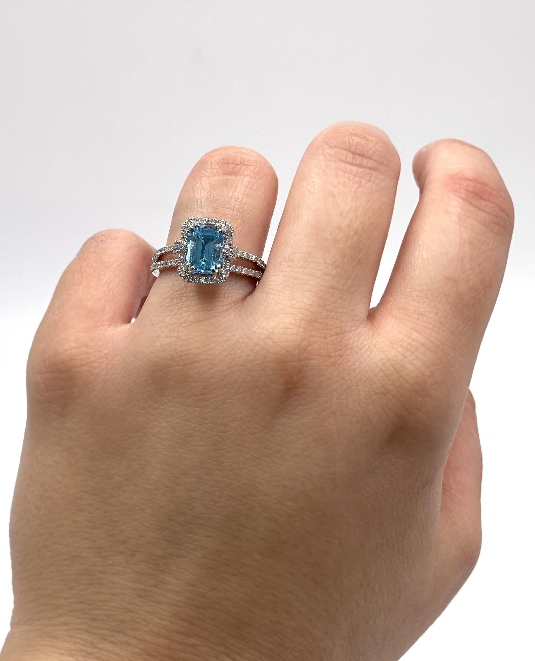 Contemporary 18K White Gold Vanna K Halo Ring with Swiss Blue Topaz and Diamonds For Sale