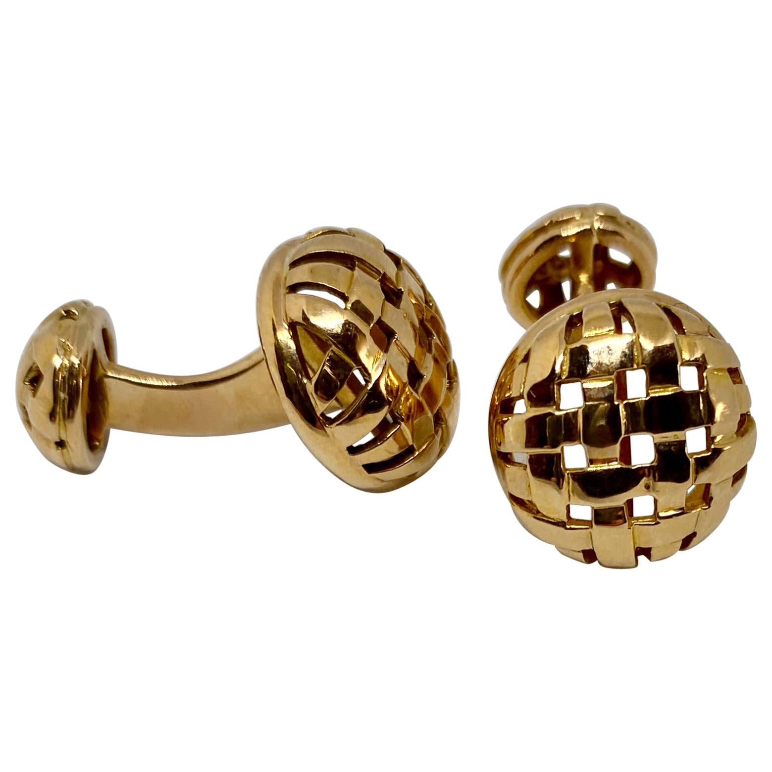 "Vannerie" Basketweave Cufflinks in 18k Yellow Gold Retailed by Bergdorf Goodman For Sale