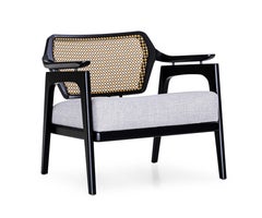 Black Matte Armchair with Woven Cane Back and Gray Upholstered Seat - Vanno Line