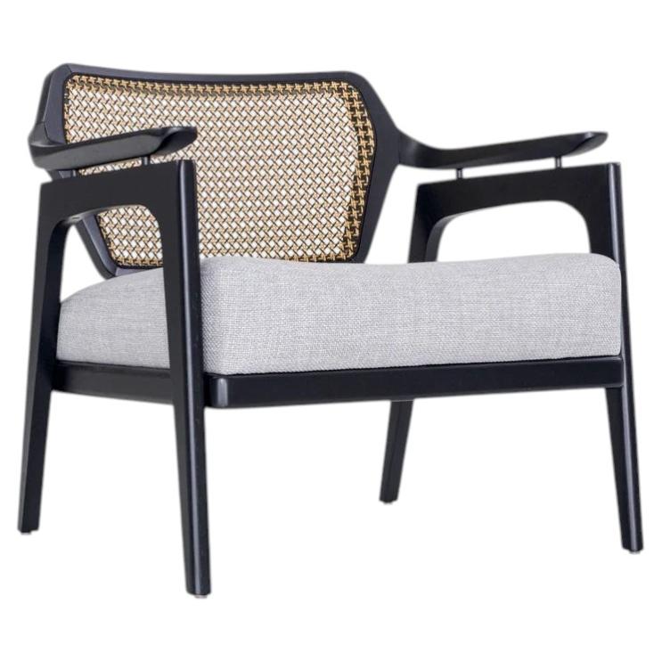 Vanno Armchair in Black Finish with Light Gray Upholstery and Dark Cane