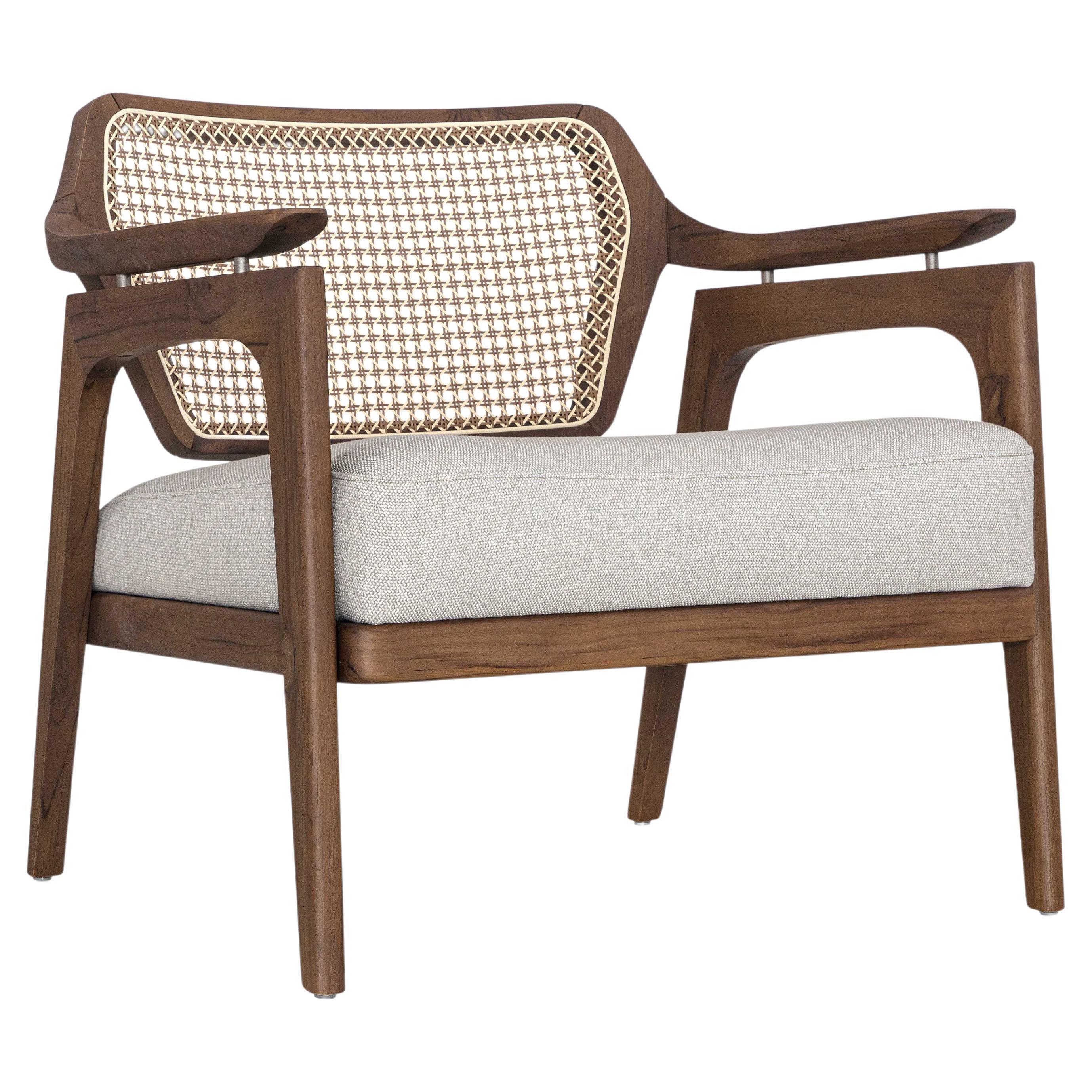 Customizable Walnut Armchair with Cane Backrest and Beige Cushion – Vanno Line