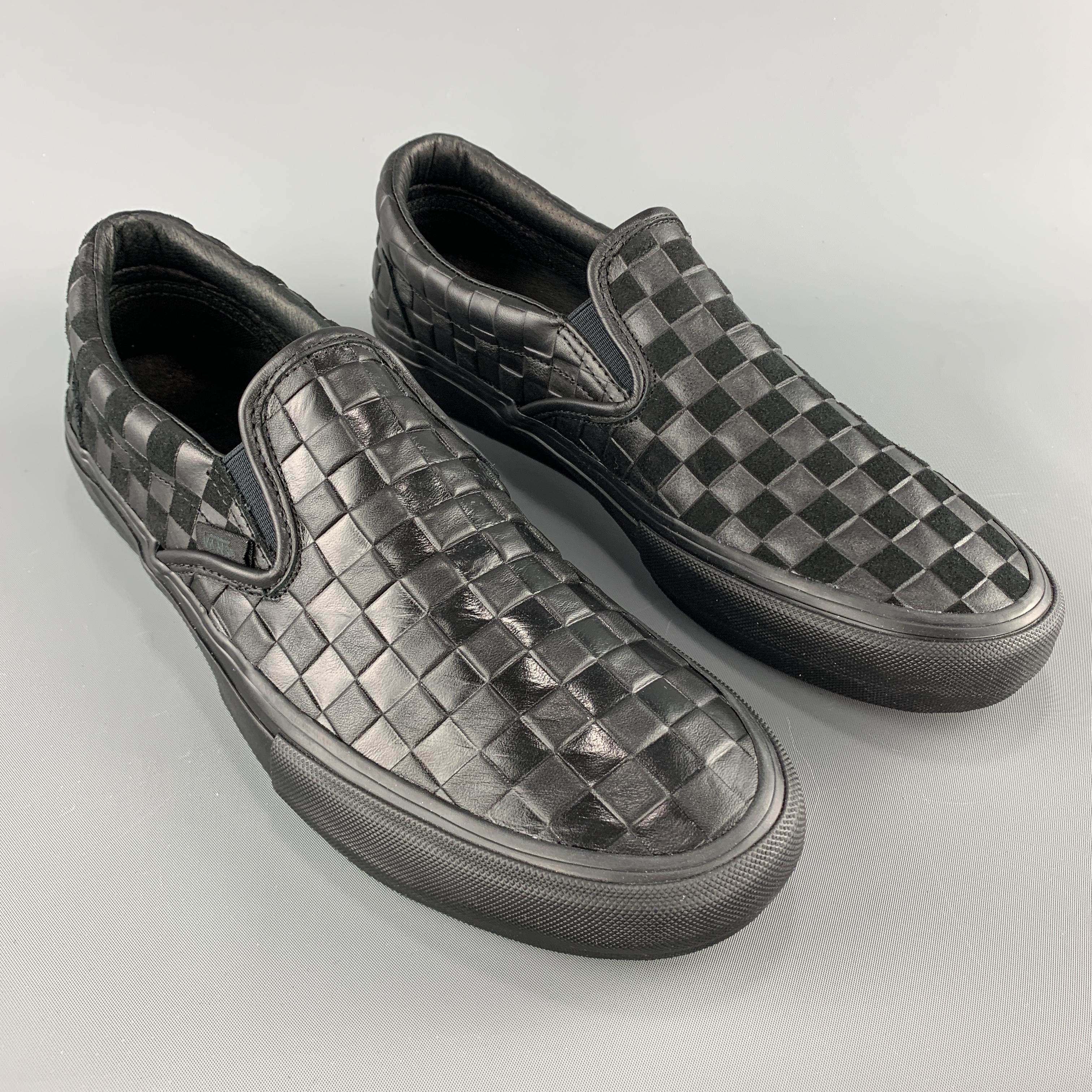 VANS x ENGINEERED GARMENTS Spring Summer 2019 slip on sneakers come in black checkered embossed leather with one sueded front panel, one sueded heel panel, and tonal rubber sole. 

New with Box. 
Marked: 9.5 