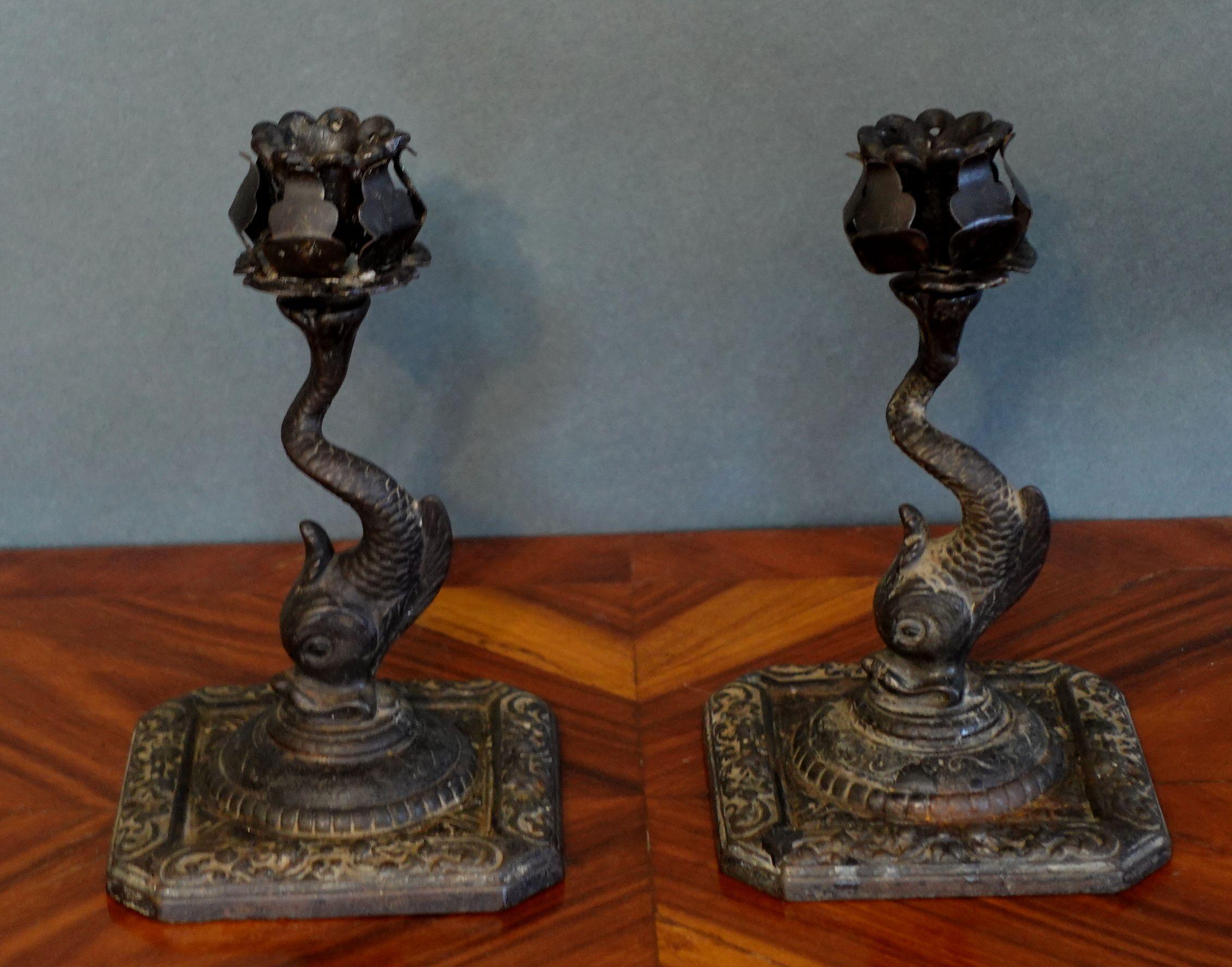 North American Vantage Pair of Rought Iron Candlesticks For Sale