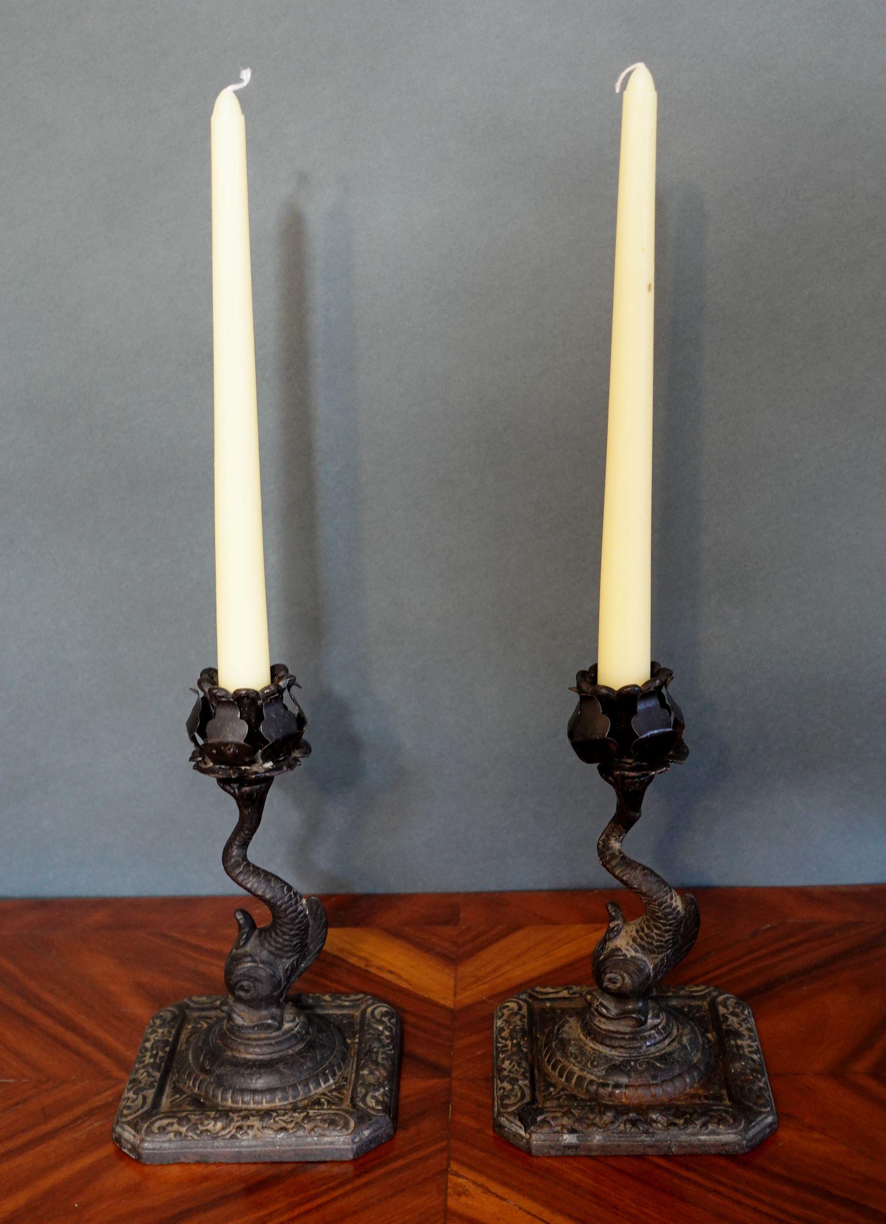 Cast Vantage Pair of Rought Iron Candlesticks For Sale