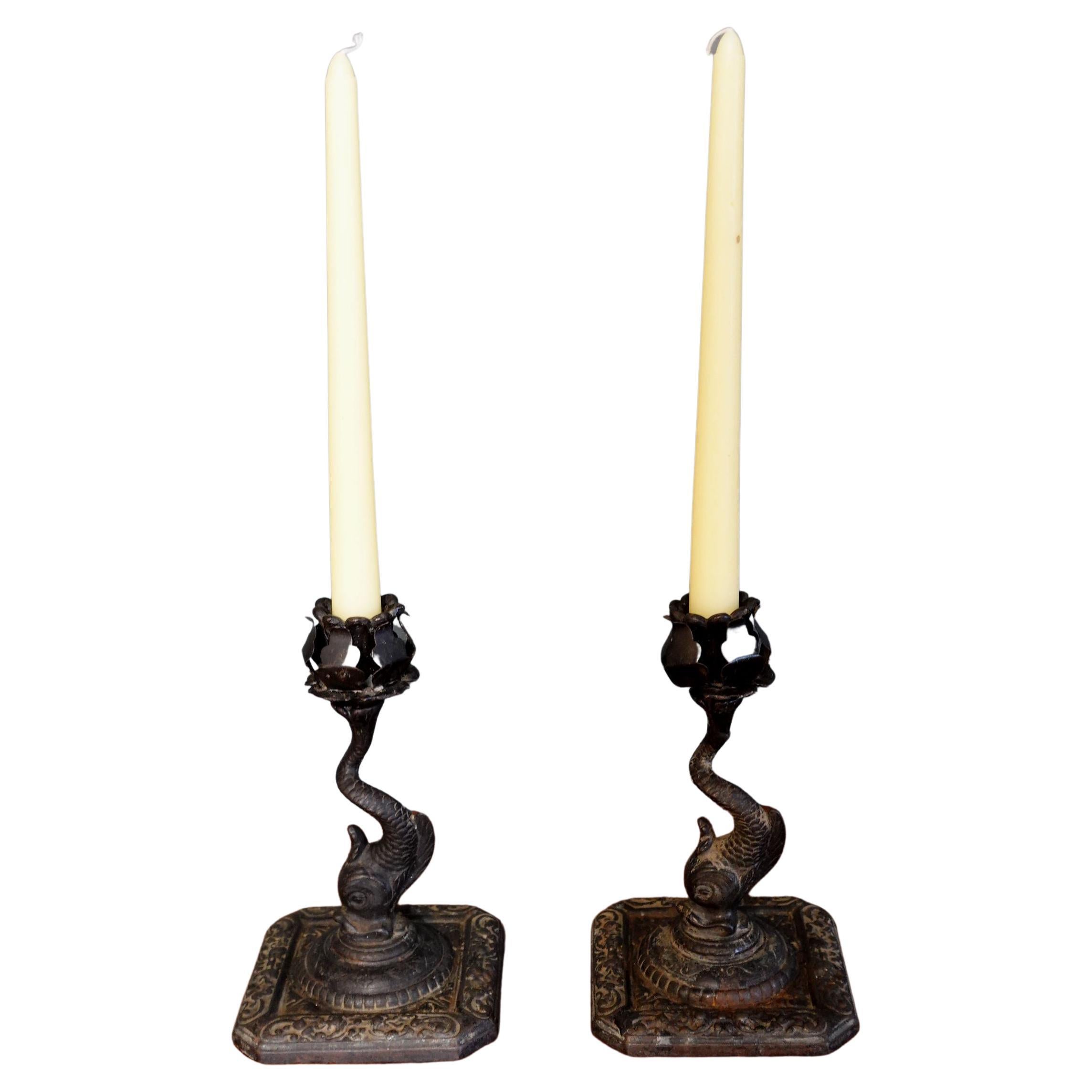 Vantage Pair of Rought Iron Candlesticks For Sale