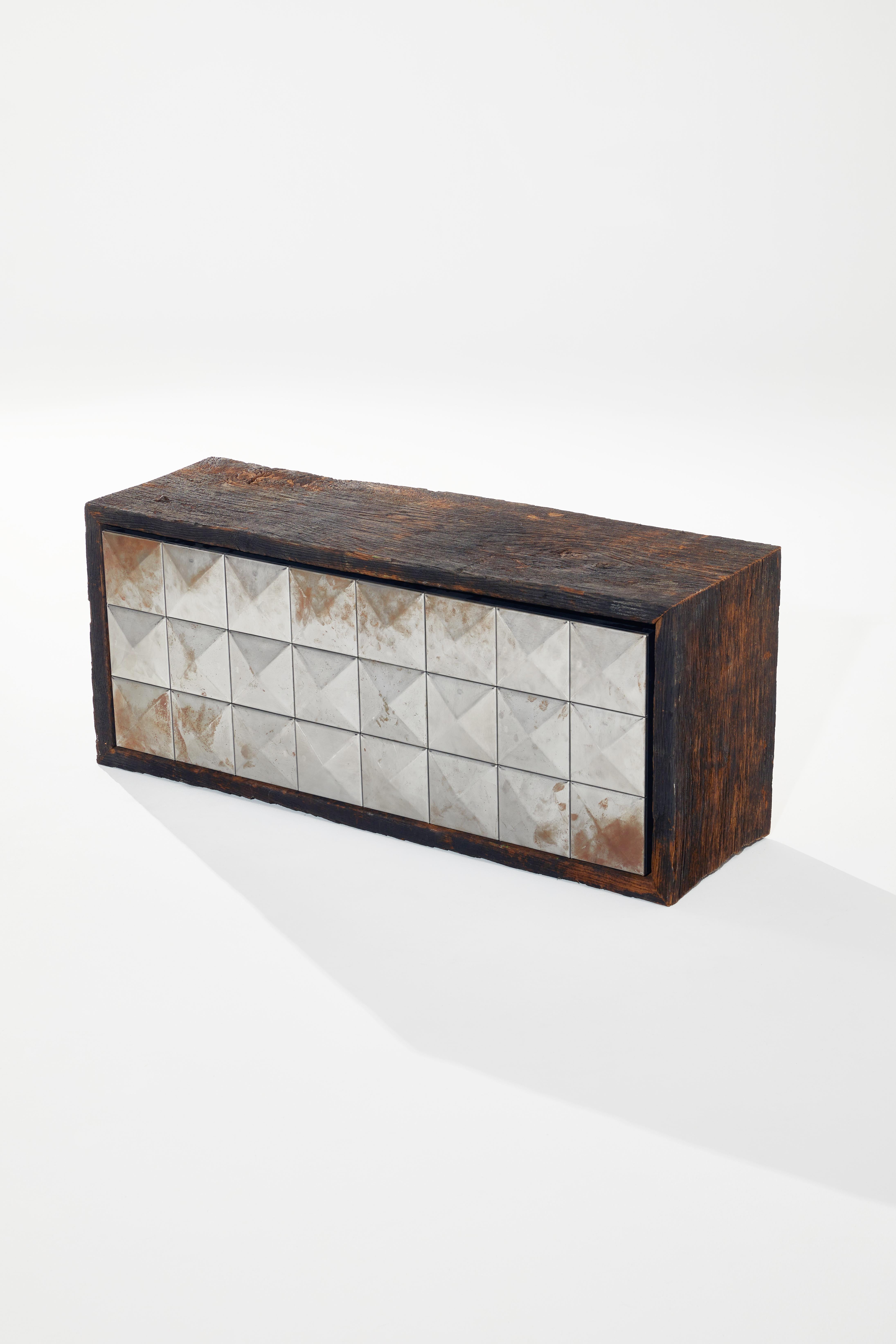 Varel Lowboard in Historic Oak, Raw Steel & Oak Veneer by Heilig Objects For Sale 9