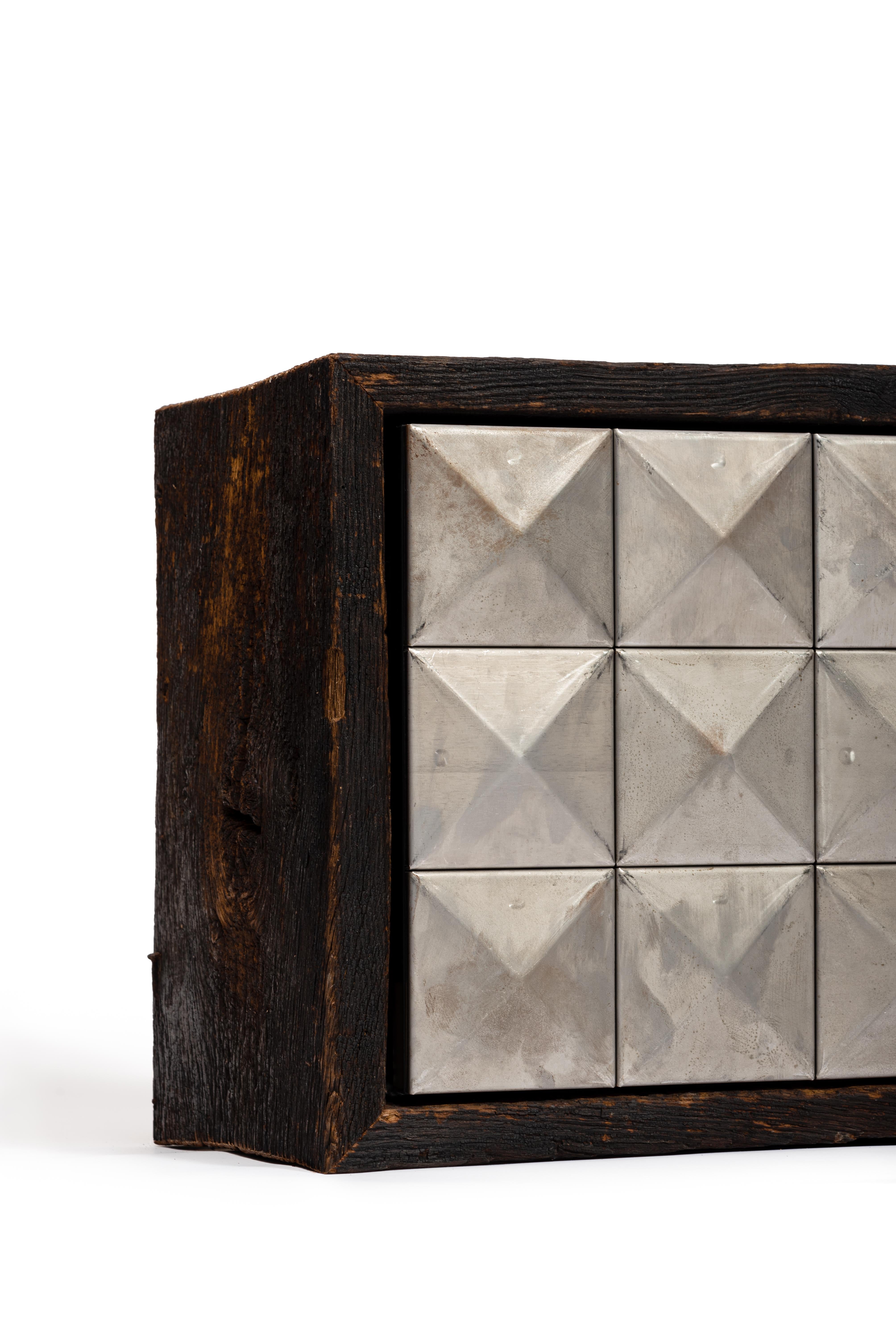 Varel Lowboard in Historic Oak, Raw Steel & Oak Veneer by Heilig Objects For Sale 11