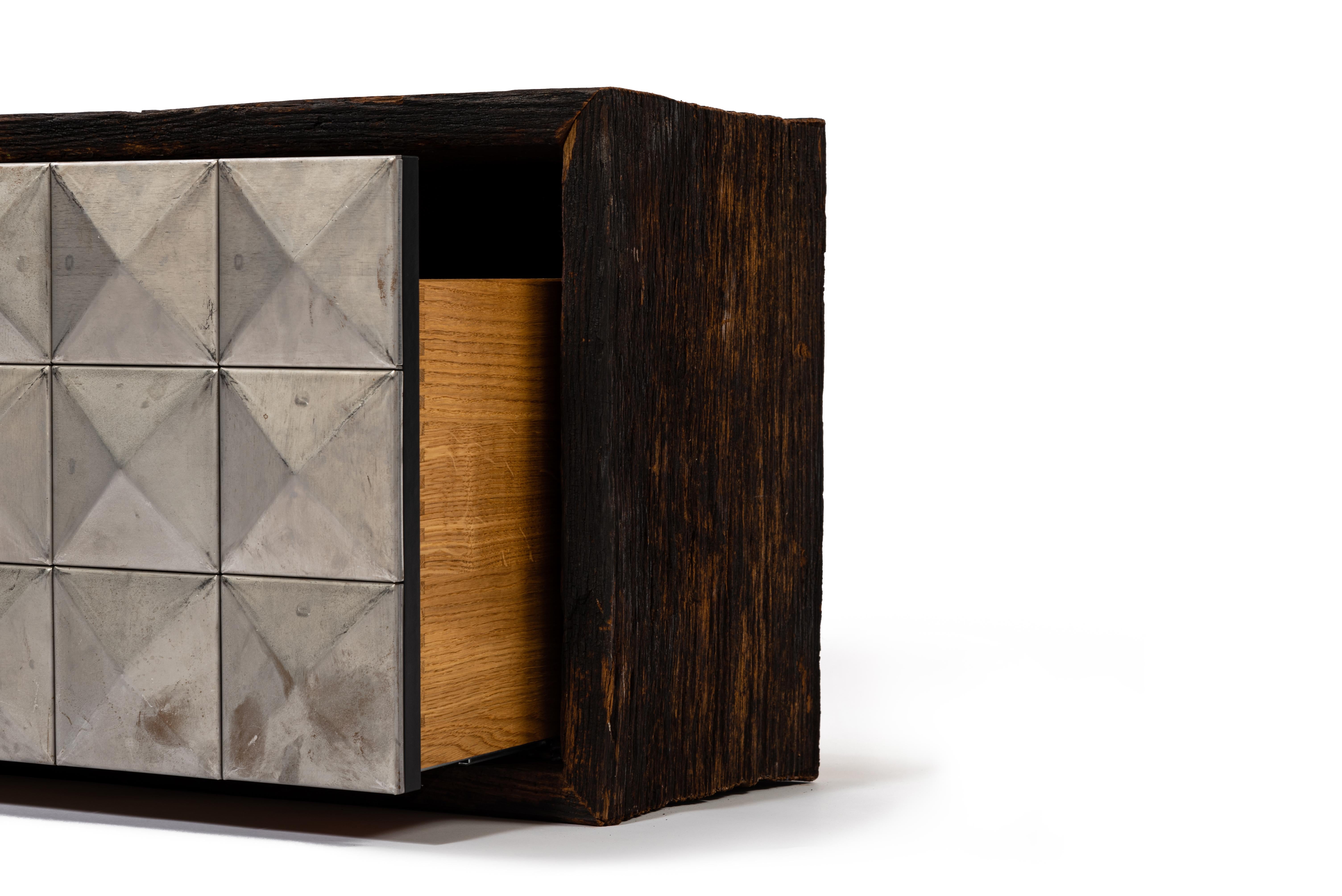 Varel Lowboard in Historic Oak, Raw Steel & Oak Veneer by Heilig Objects For Sale 13