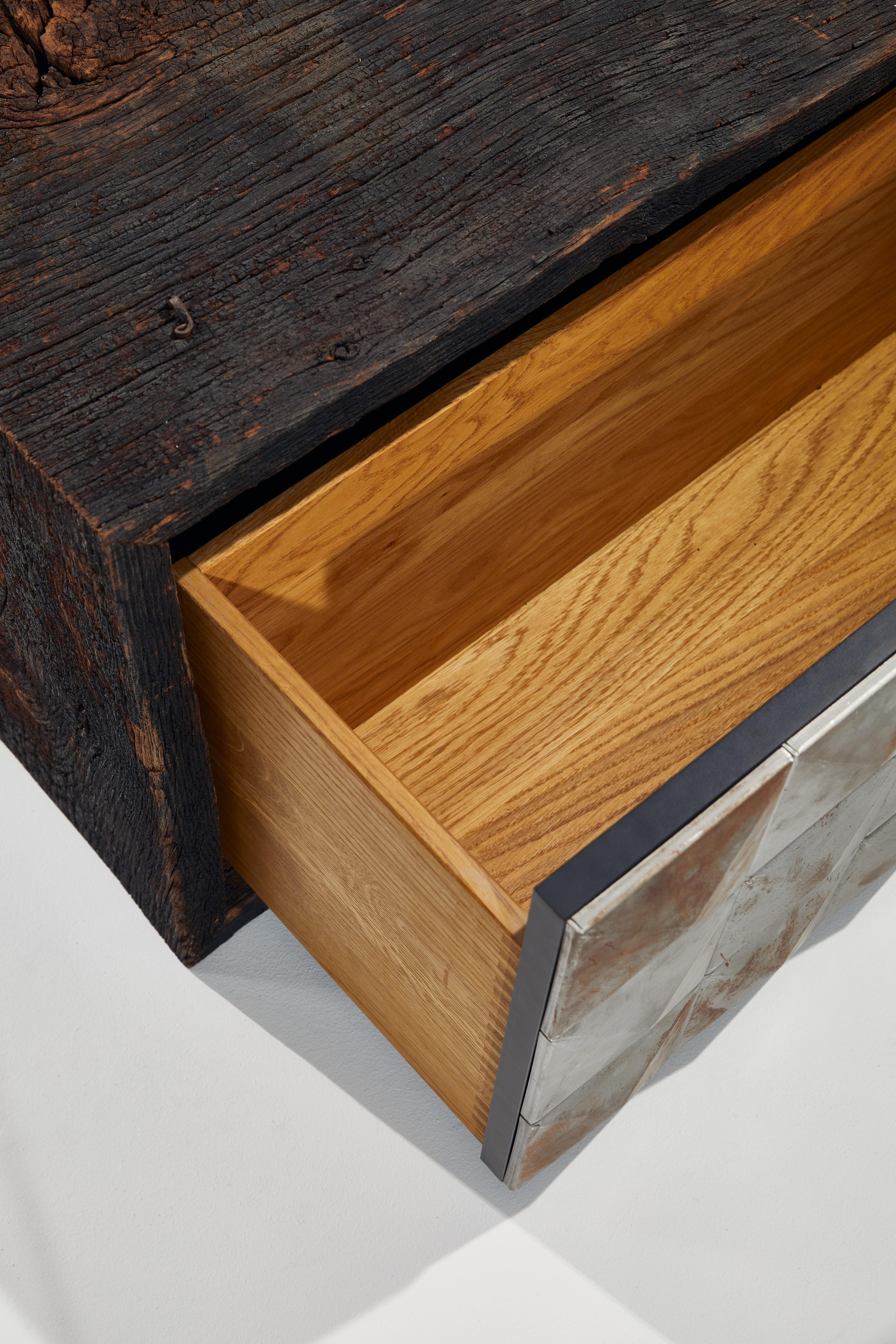 Post-Modern Varel Lowboard in Historic Oak, Raw Steel & Oak Veneer by Heilig Objects For Sale