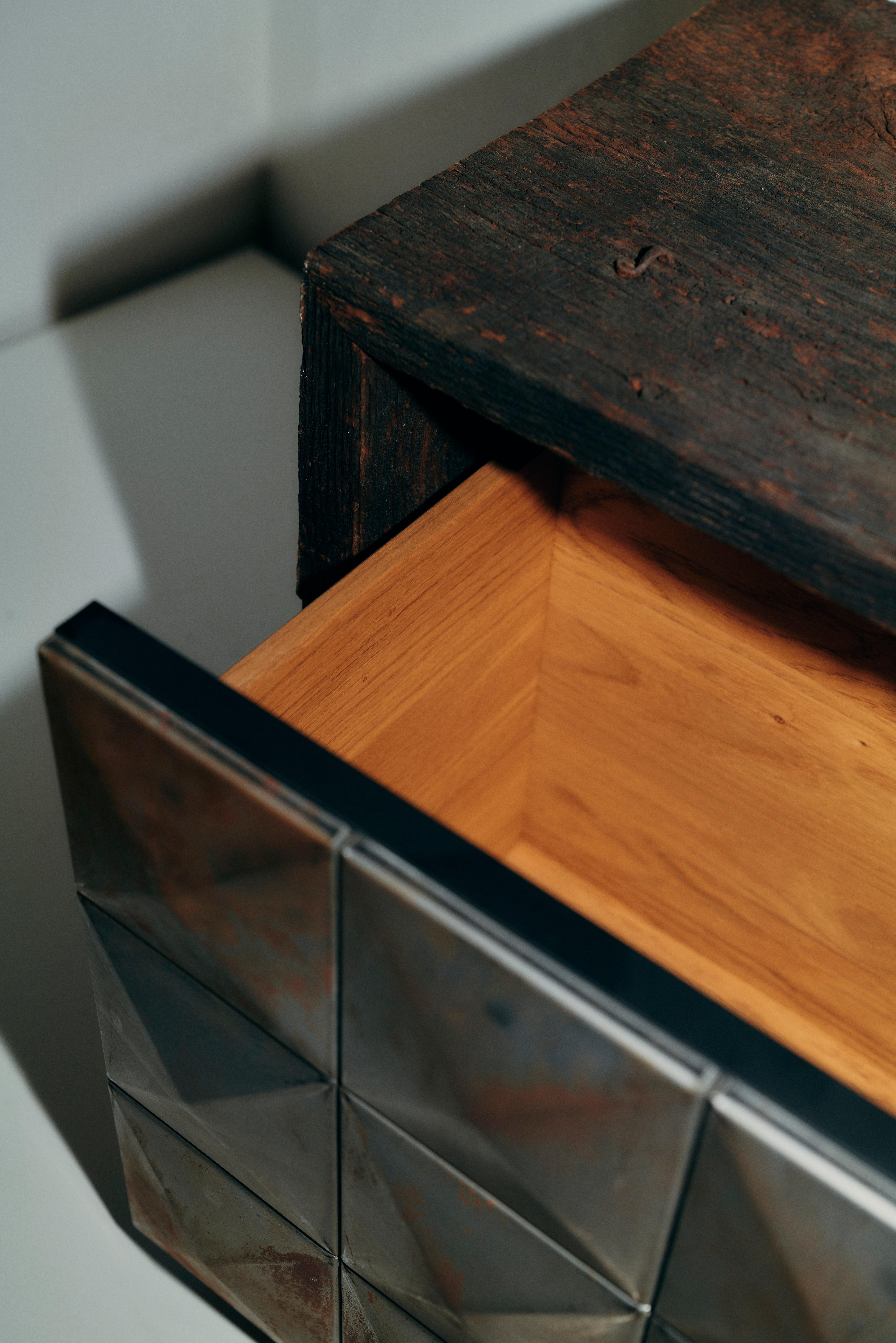 German Varel Lowboard in Historic Oak, Raw Steel & Oak Veneer by Heilig Objects For Sale