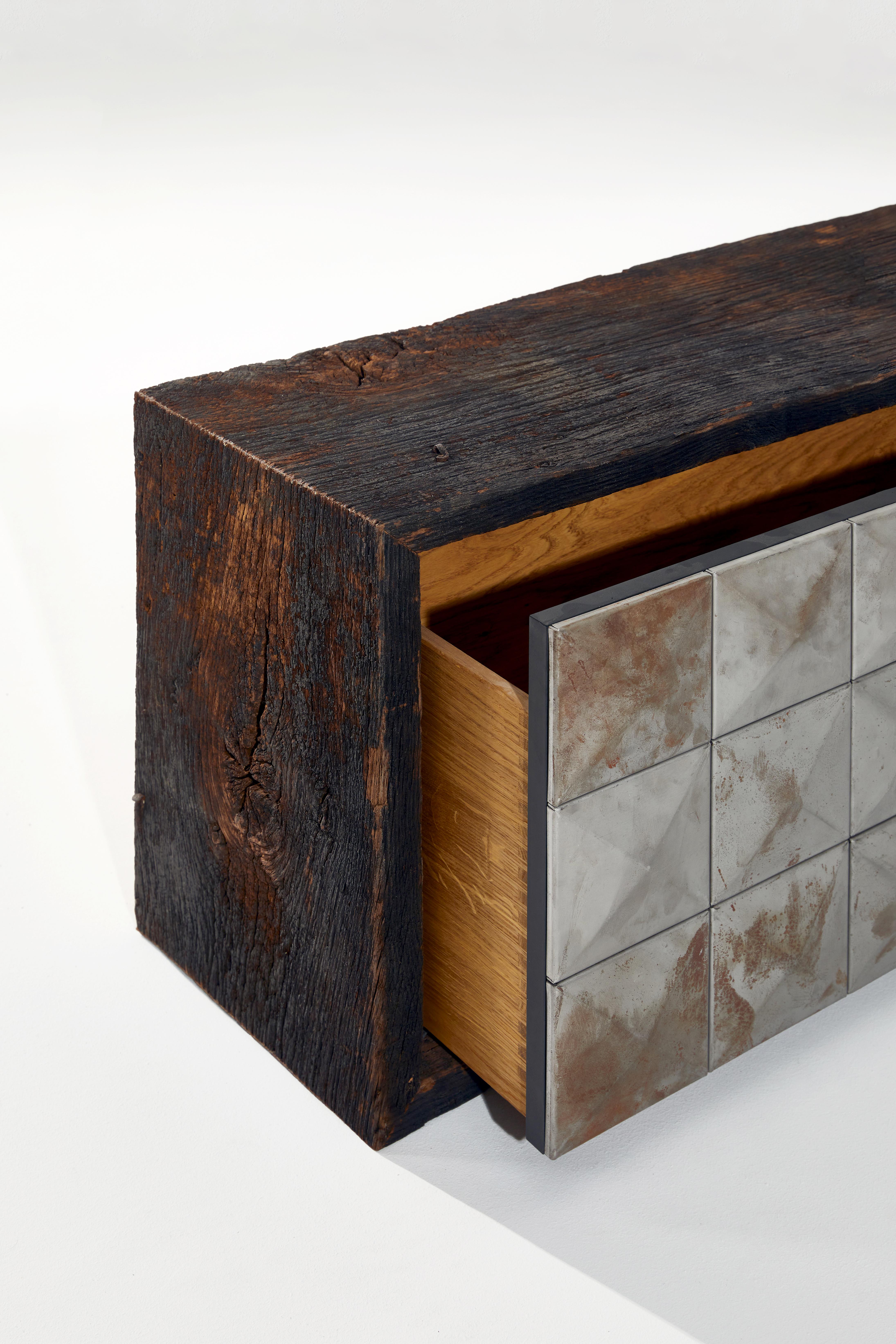 Other Varel Lowboard in Historic Oak, Raw Steel & Oak Veneer by Heilig Objects For Sale