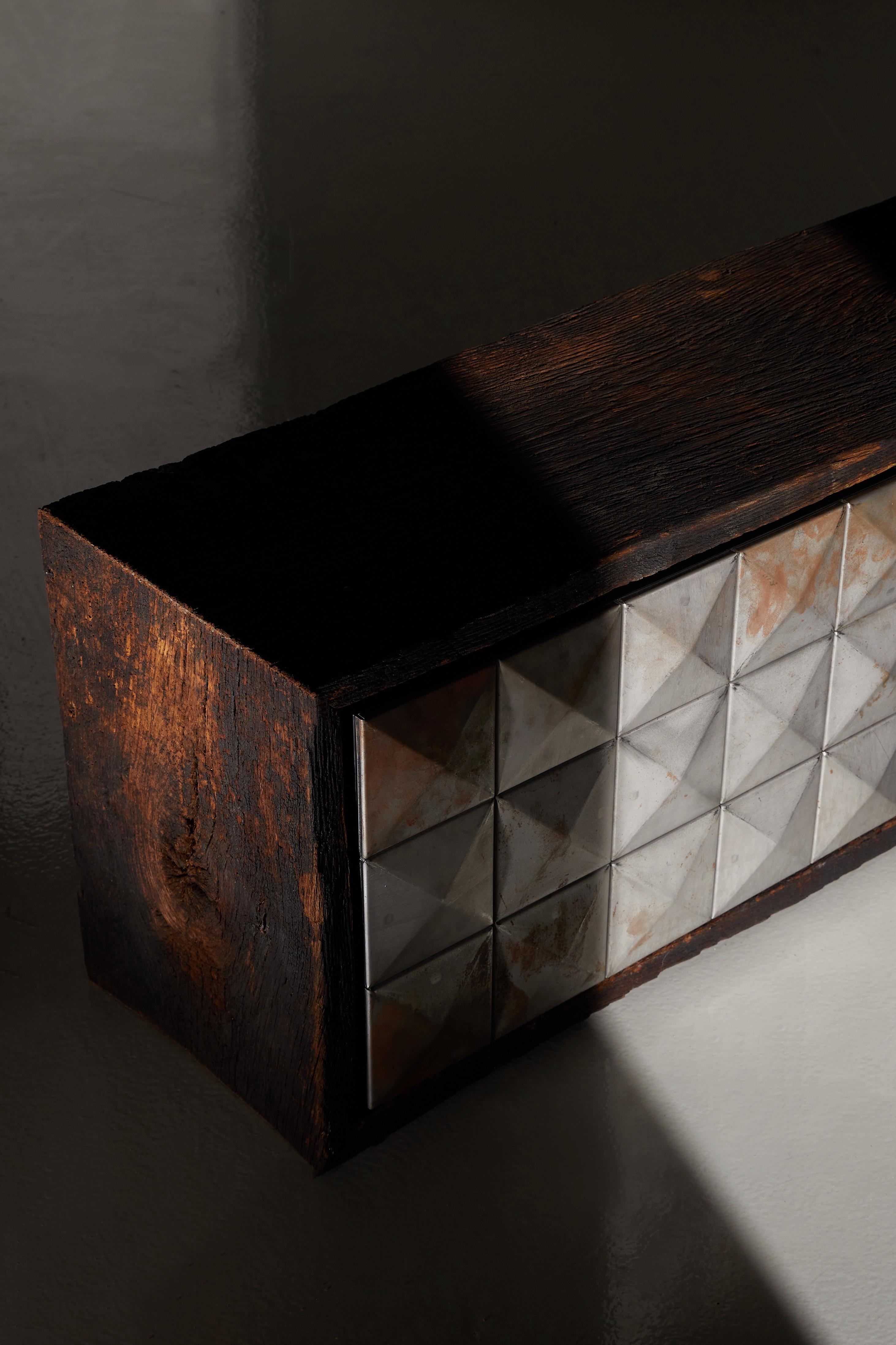 Contemporary Varel Lowboard in Historic Oak, Raw Steel & Oak Veneer by Heilig Objects For Sale
