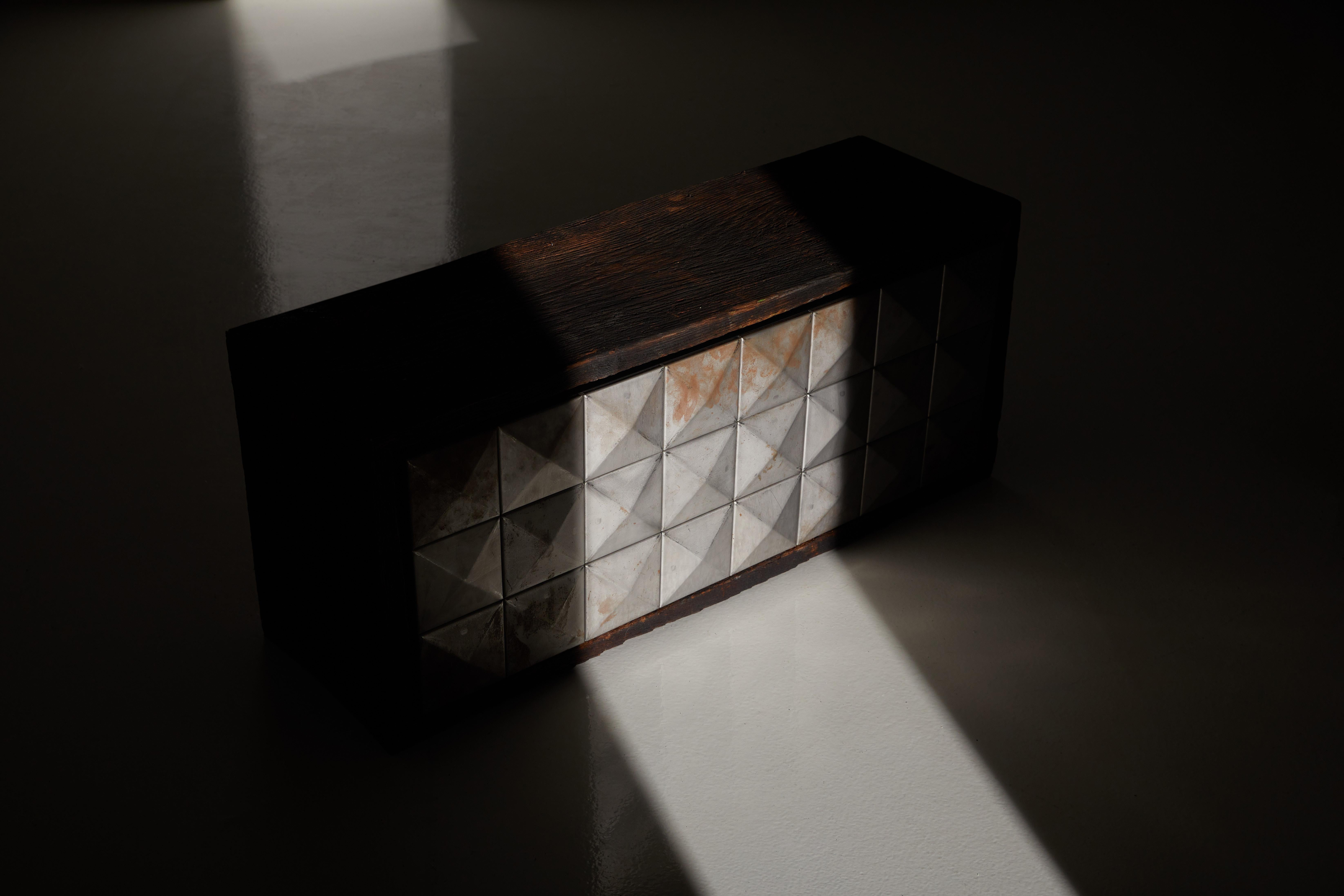 Varel Lowboard in Historic Oak, Raw Steel & Oak Veneer by Heilig Objects For Sale 1